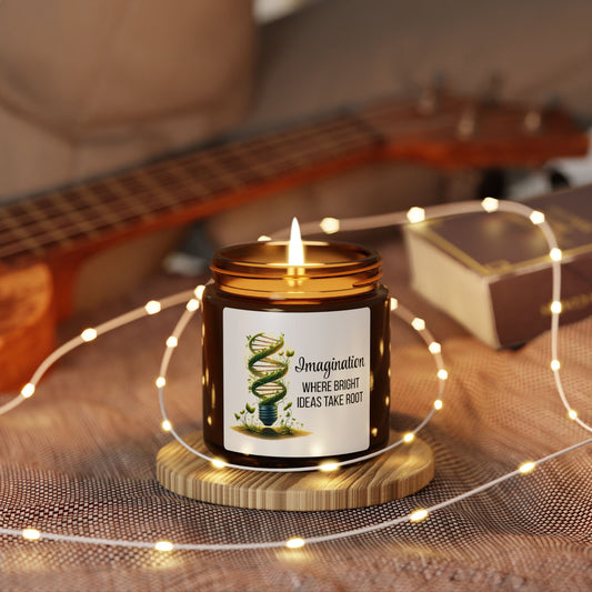 DNA lightbulb candle - leafy green DNA in a glowing lightbulb - text "Imagination – Where Bright Ideas Take Root" -soy candle