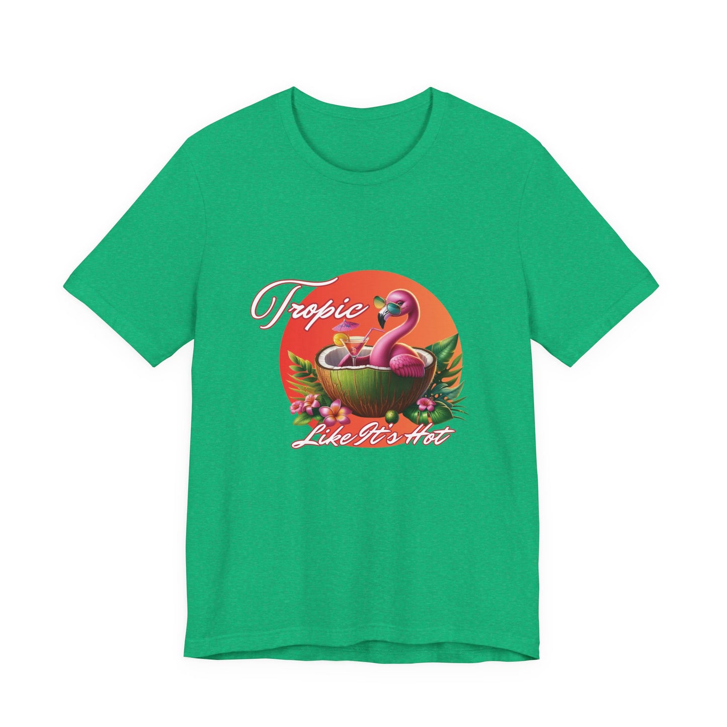 Tropic Like It’s Hot – Funny Unisex T-Shirt | Flamingo Vacation Graphic Tee | Summer Beach Pun Shirt | Coconut Cocktail Vibes