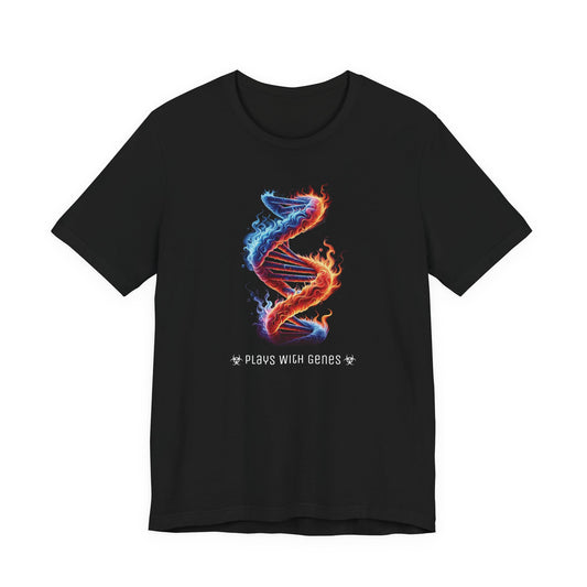 Plays With Genes – Funny Science Shirt | Cool DNA Flame Design | Geneticist Gift Tee | Nerdy Biotech Humor
