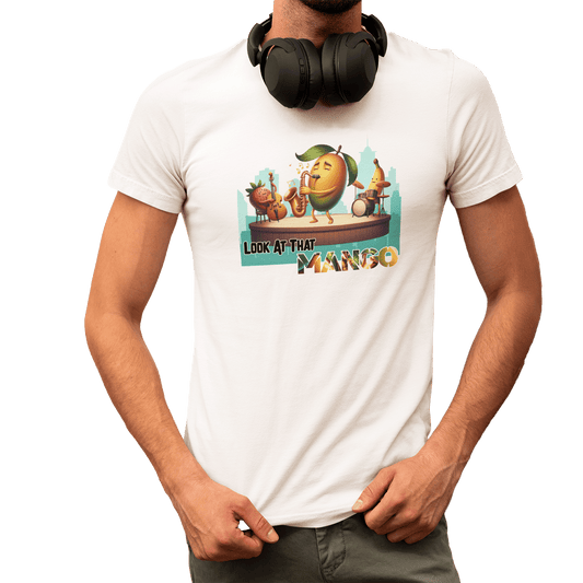 Look at That Mango – Funny Unisex T-Shirt | Jazz Fruit Graphic Tee | Musical Pun Shirt | Tropical Humor Apparel - TheWishBug
