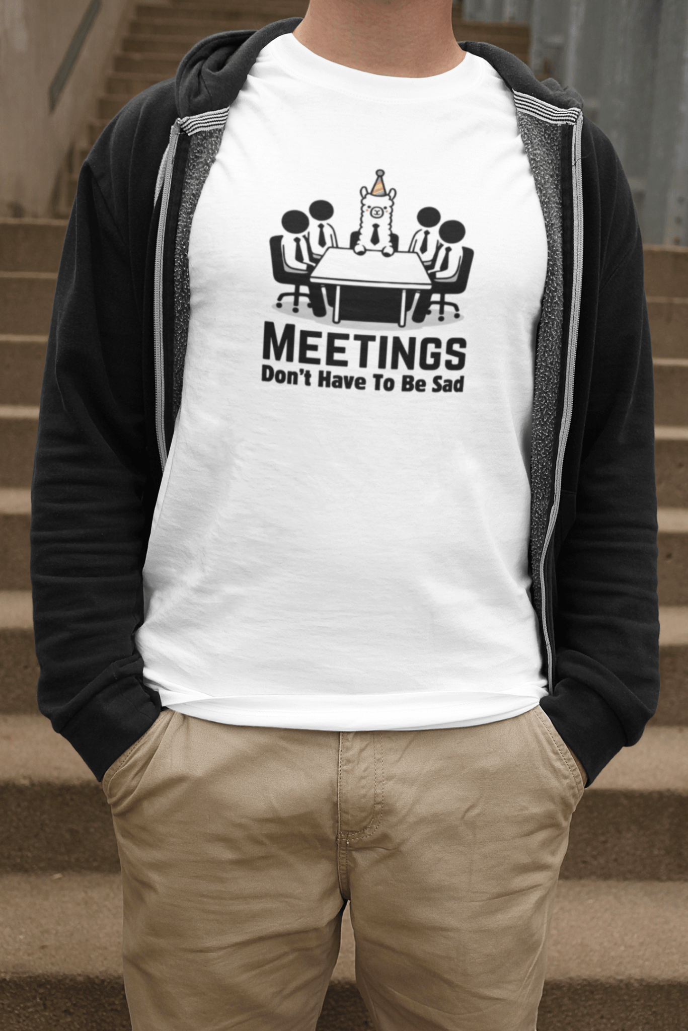 Meetings Don’t Have to Be Sad – Funny Unisex T-Shirt | Llama in a Meeting Graphic Tee | Workplace Humor Shirt | Office Rebel Apparel - TheWishBug