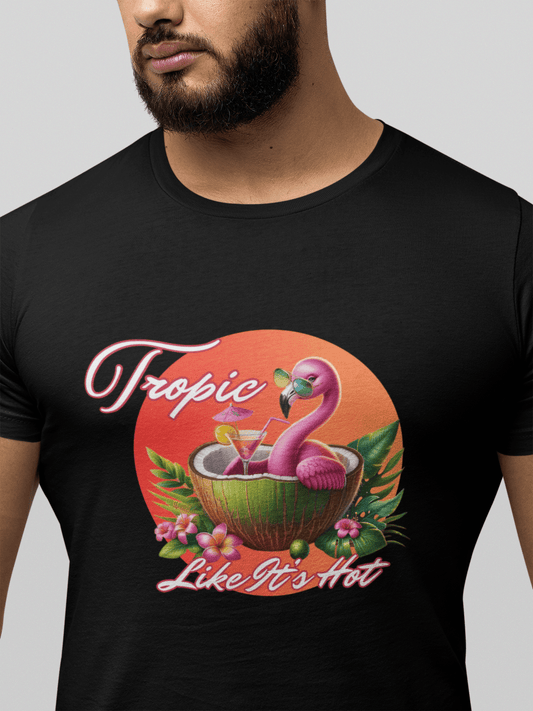 Tropic Like It’s Hot – Funny Unisex T-Shirt | Flamingo Vacation Graphic Tee | Summer Beach Pun Shirt | Coconut Cocktail Vibes - TheWishBug
