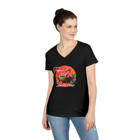 Flamingo V-Neck Tee featuring a sunset and a flamingo lounging in a coconut with a cocktail, text “Tropic Like It’s Hot”