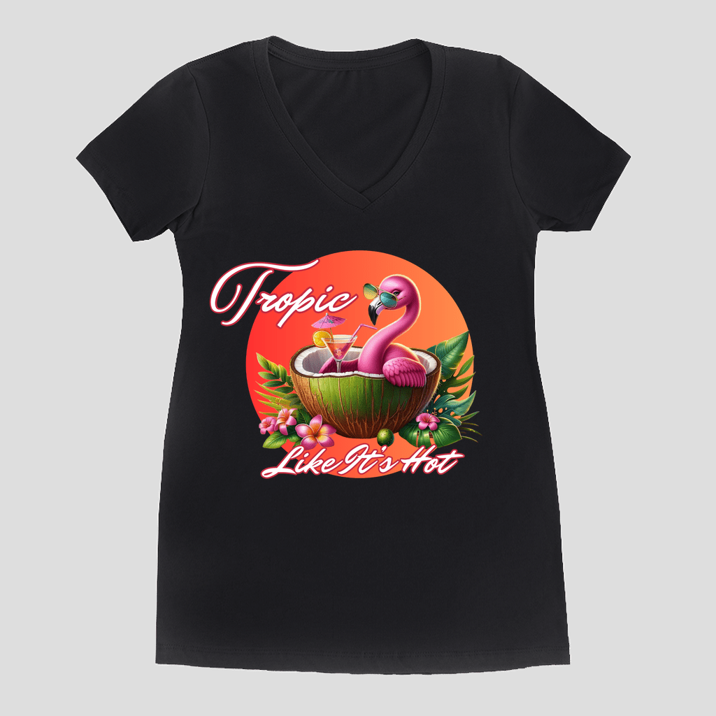 Tropic Like It's Hot - Women’s V‑Neck Tee | Flamingo Palm Graphic | Tropical Summer Cocktail Shirt | Sassy Island Wear - TheWishBug
