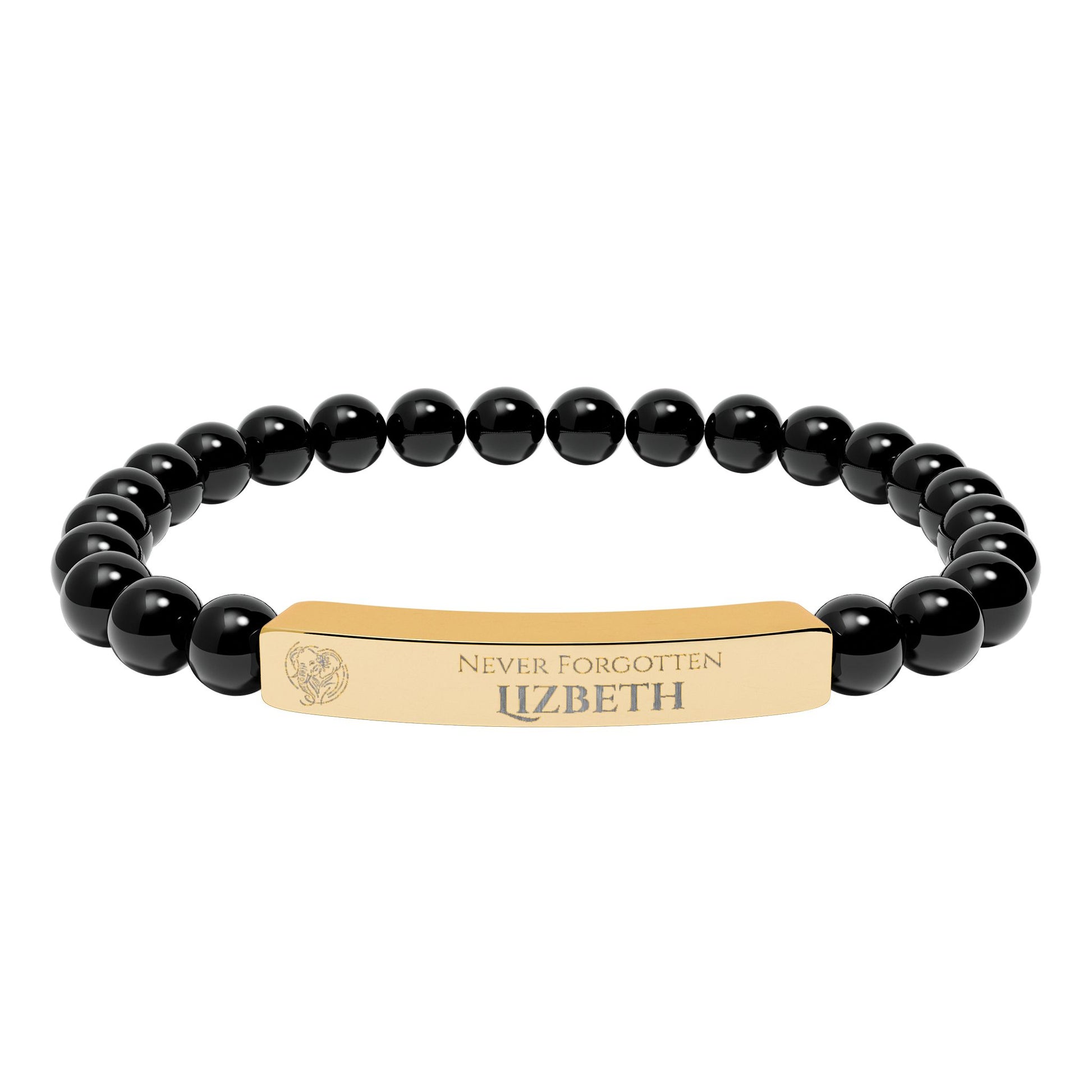 A natural stone bead engraved bracelet, personalized, with the text "Never Forgotten" with engraved elephant