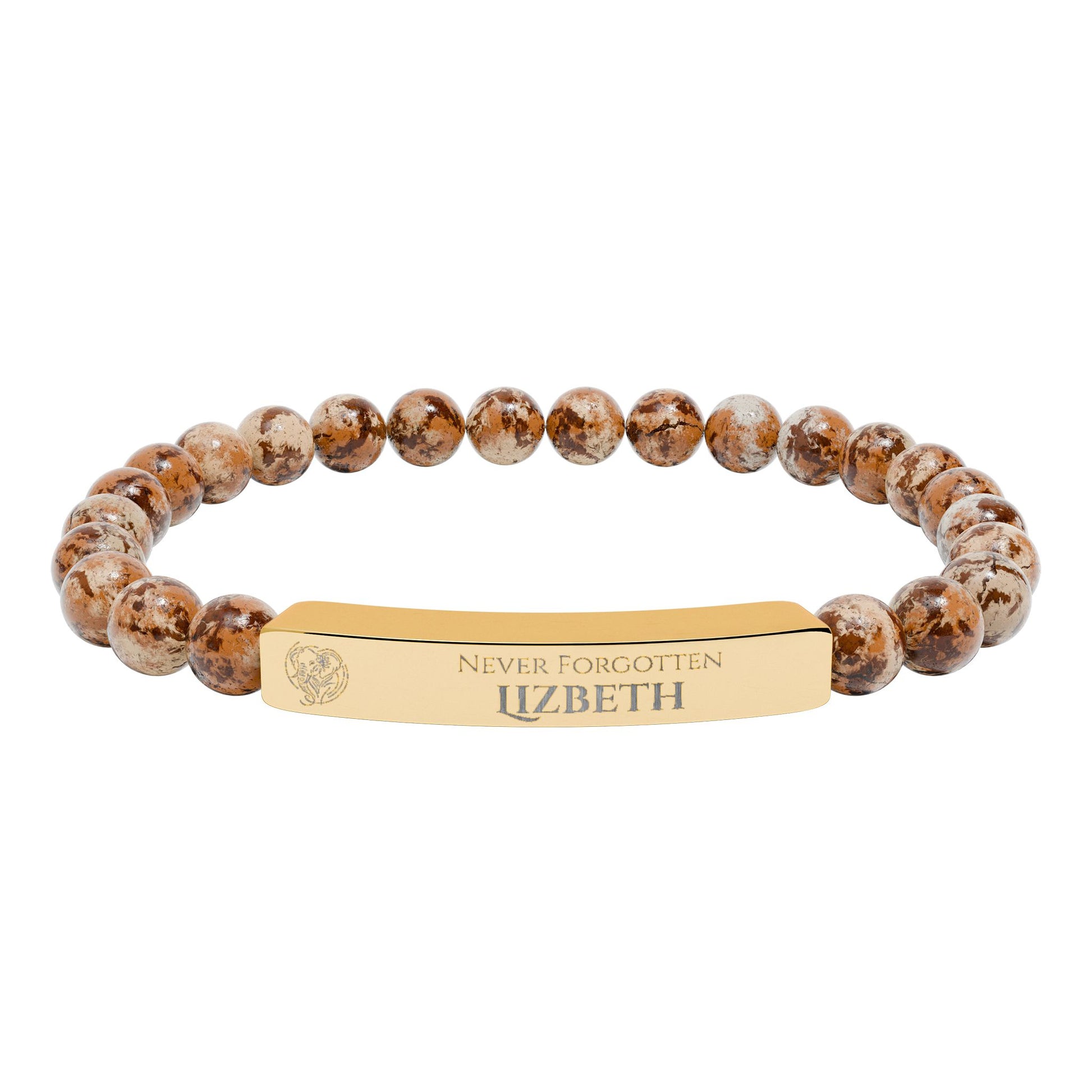 A natural stone bead engraved bracelet, personalized, with the text "Never Forgotten" with engraved elephant