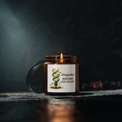 DNA lightbulb candle - leafy green DNA in a glowing lightbulb - text "Imagination – Where Bright Ideas Take Root" -soy candle