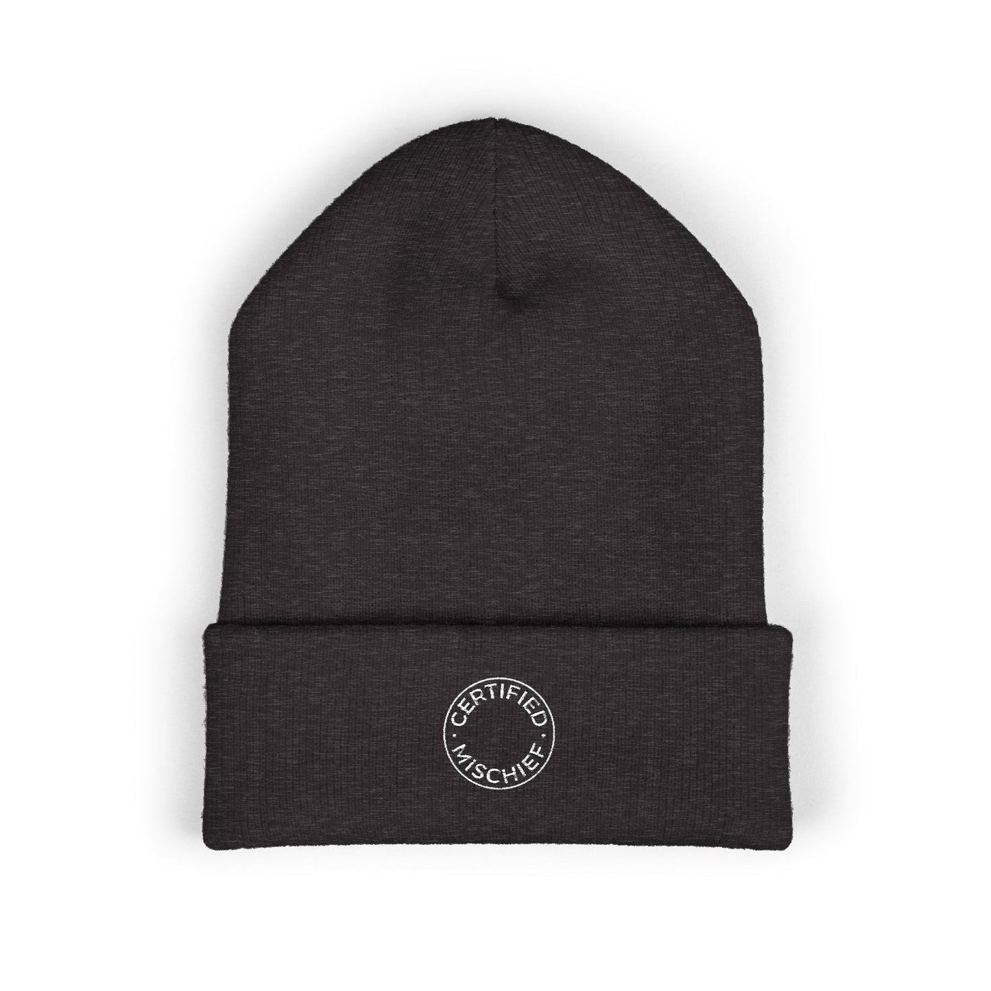 A cuffed beanie embroidered with the circular text "CERTIFIED MISCHIEF" on a cozy winter hat - WishBug