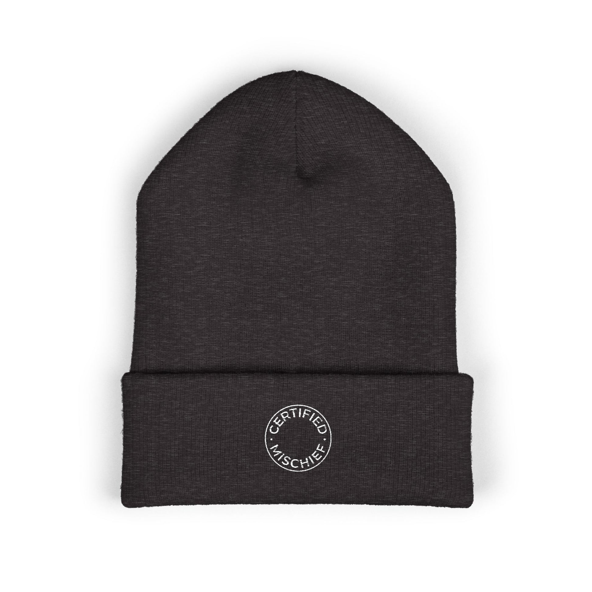 A cuffed beanie embroidered with the circular text "CERTIFIED MISCHIEF" on a cozy winter hat - WishBug