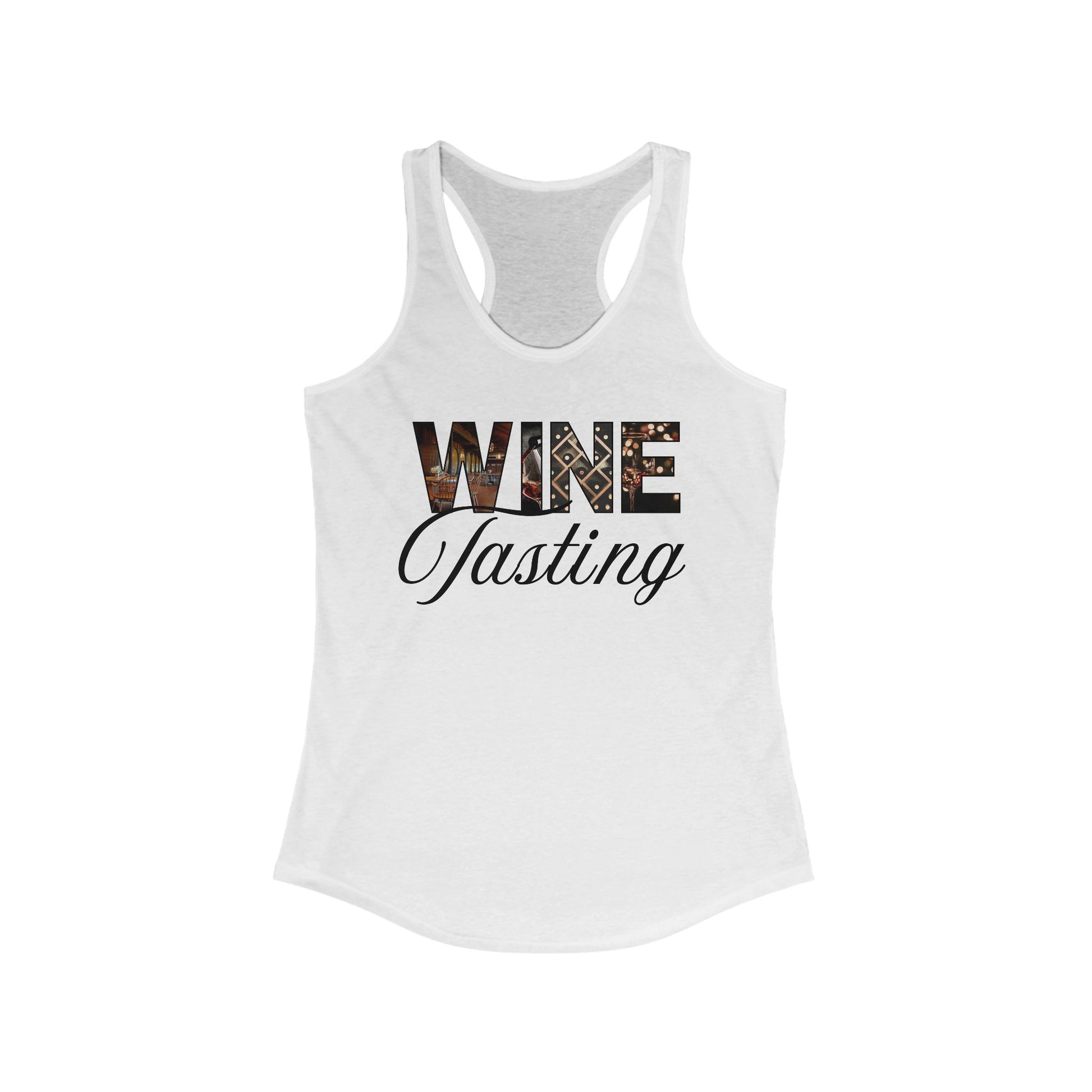 A racerback wine tank top featuring the bold patterned text "WINE" with the script word "Tasting" below