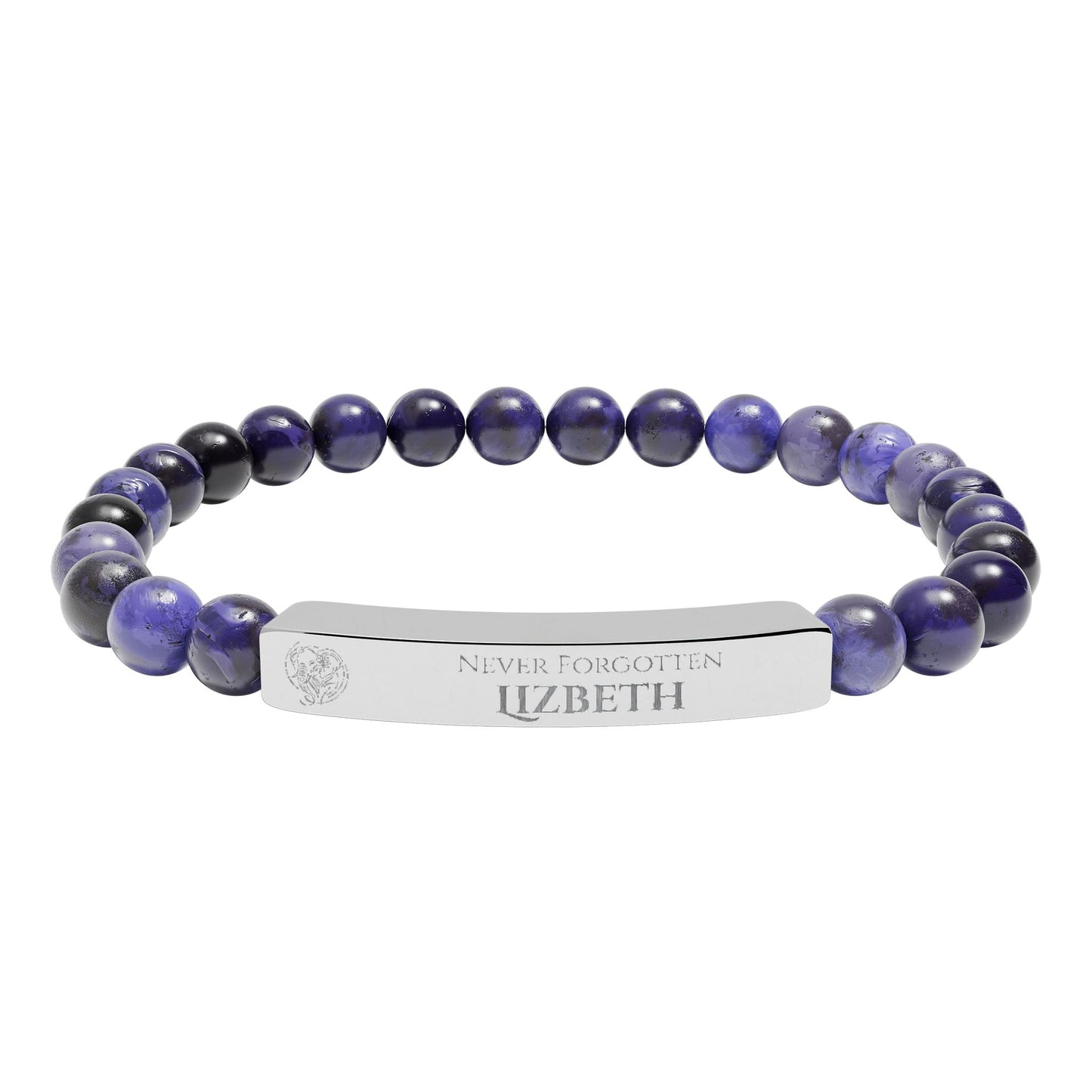 A natural stone bead engraved bracelet, personalized, with the text "Never Forgotten" with engraved elephant