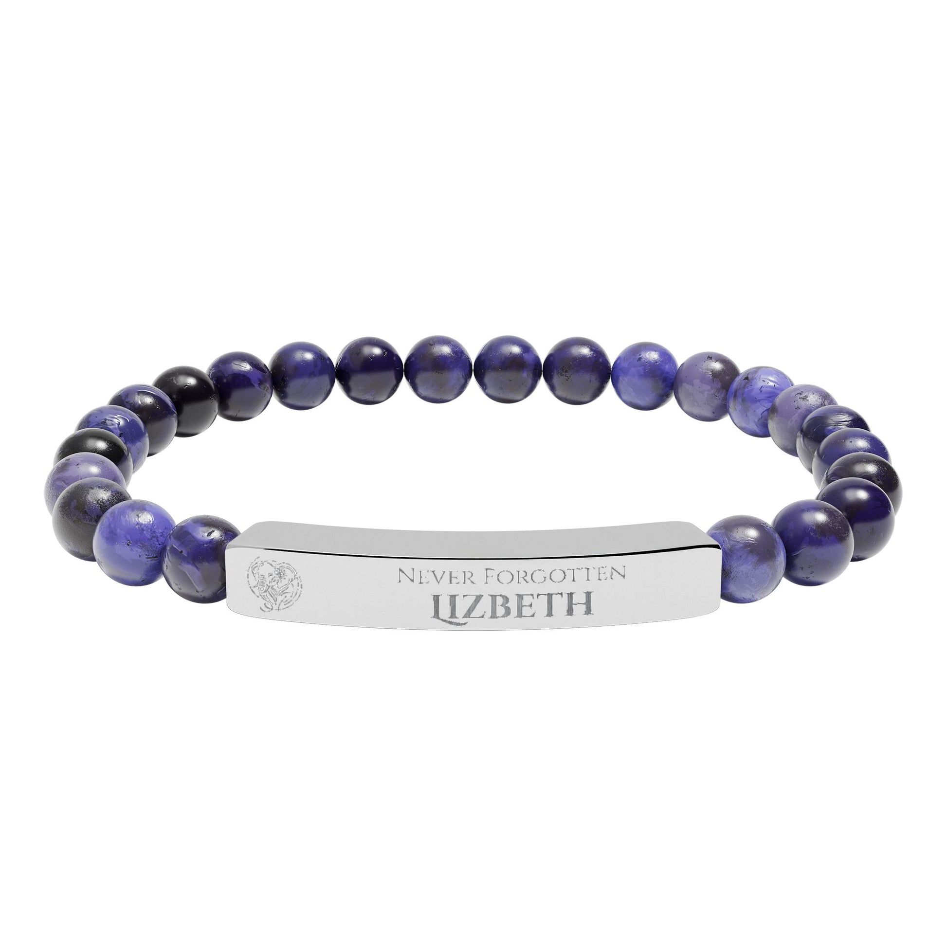 A natural stone bead engraved bracelet, personalized, with the text "Never Forgotten" with engraved elephant