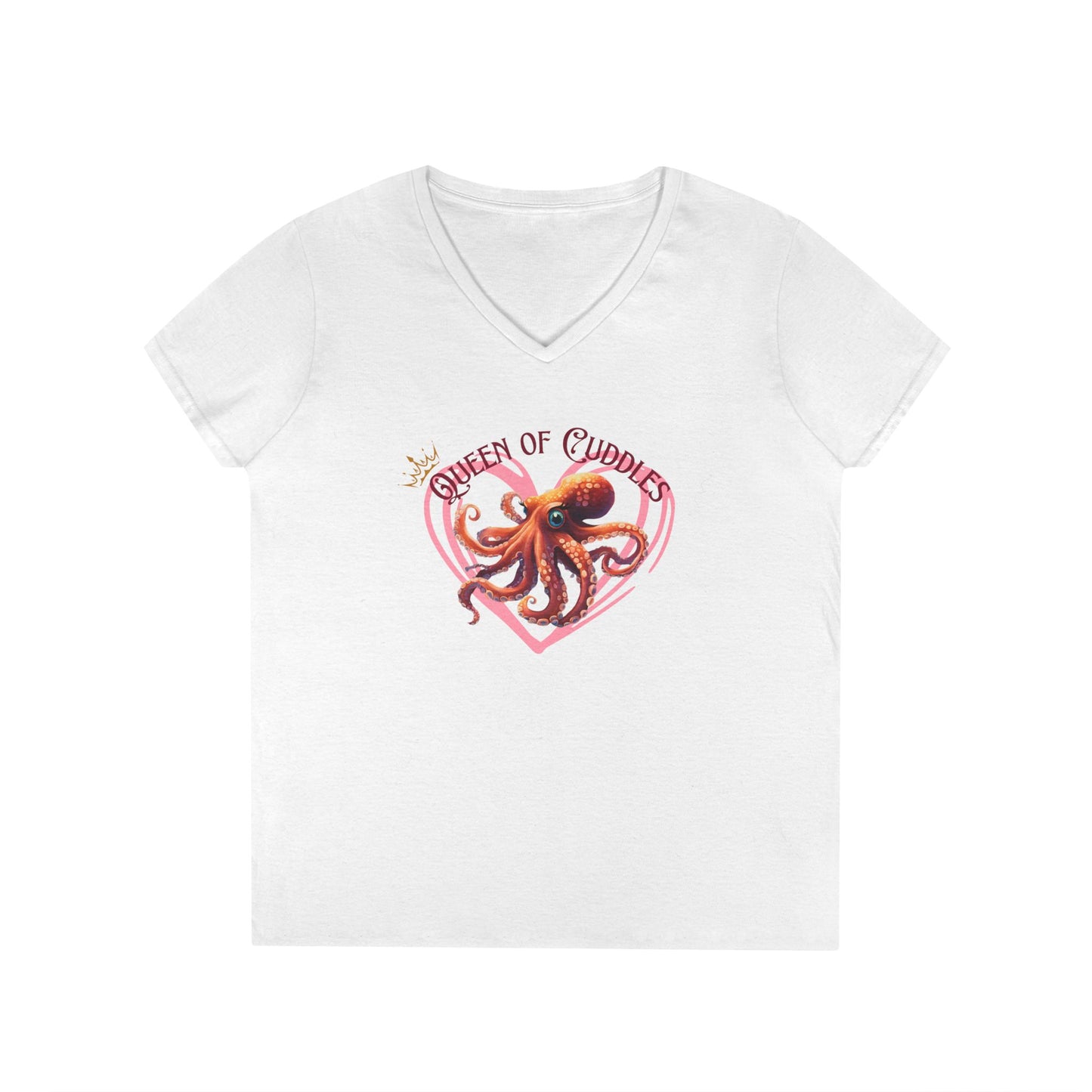 Queen of Cuddles – Funny Women's V-Neck T-Shirt | Octopus Graphic Tee | Cute Sea Creature Shirt | Deep V-Neck Humor Tee