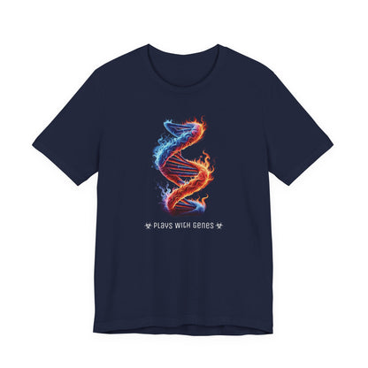 Plays With Genes – Funny Science Shirt | Cool DNA Flame Design | Geneticist Gift Tee | Nerdy Biotech Humor
