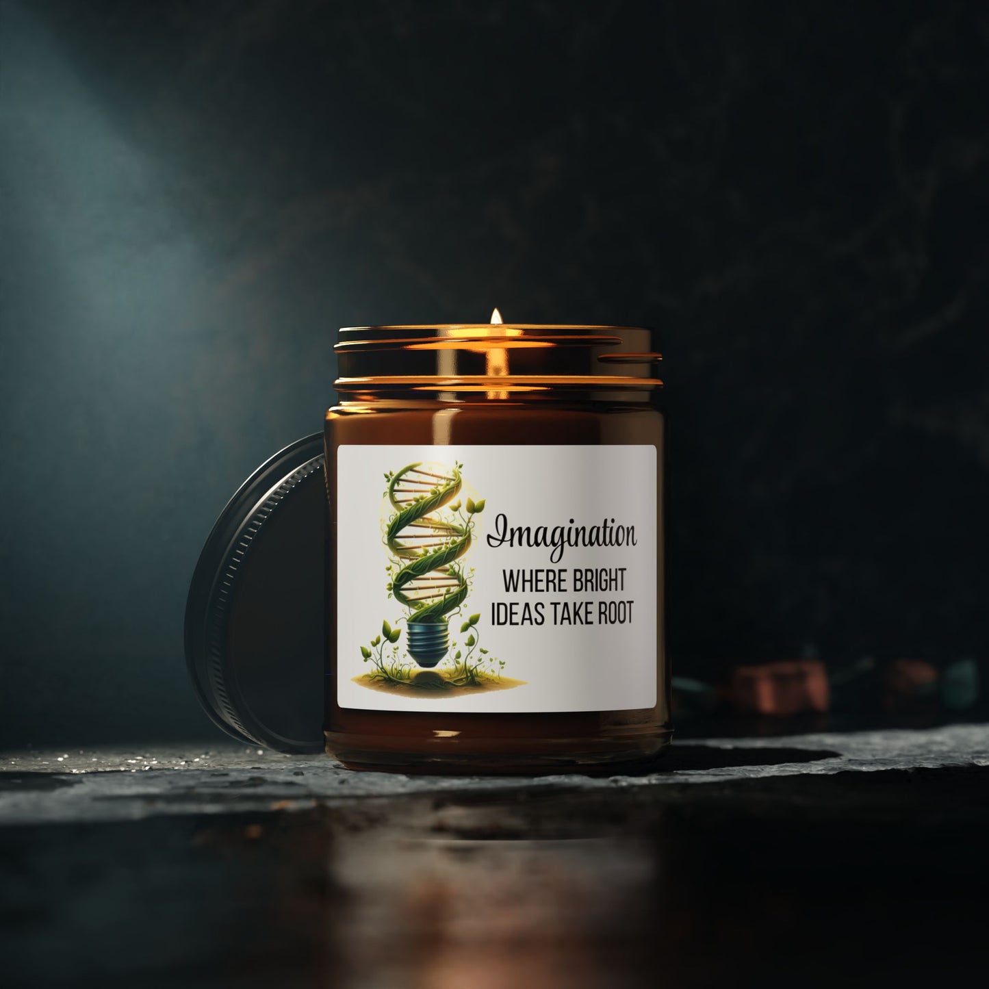 DNA lightbulb candle - leafy green DNA in a glowing lightbulb - text "Imagination – Where Bright Ideas Take Root" -soy candle