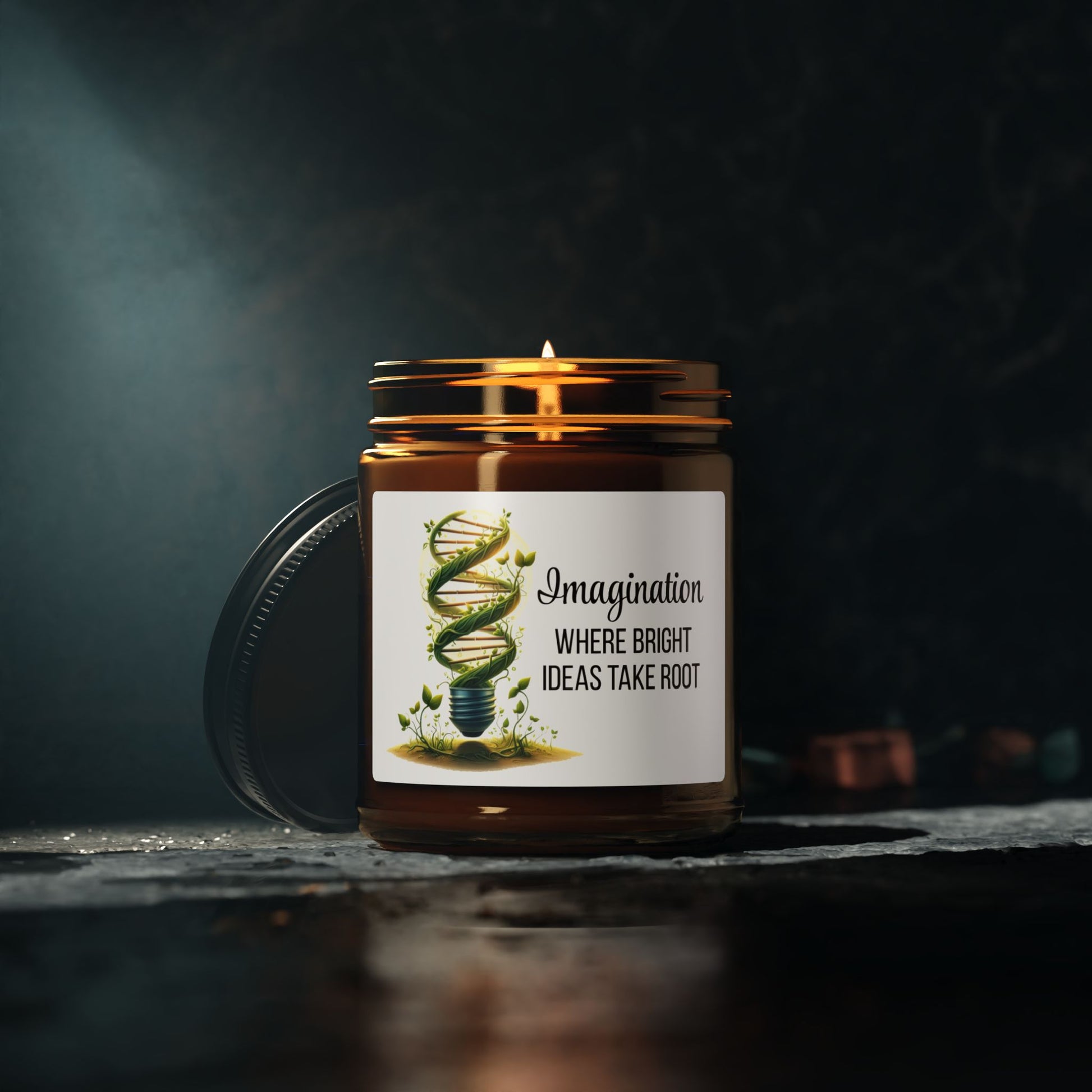DNA lightbulb candle - leafy green DNA in a glowing lightbulb - text "Imagination – Where Bright Ideas Take Root" -soy candle