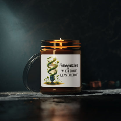 DNA lightbulb candle - leafy green DNA in a glowing lightbulb - text "Imagination – Where Bright Ideas Take Root" -soy candle