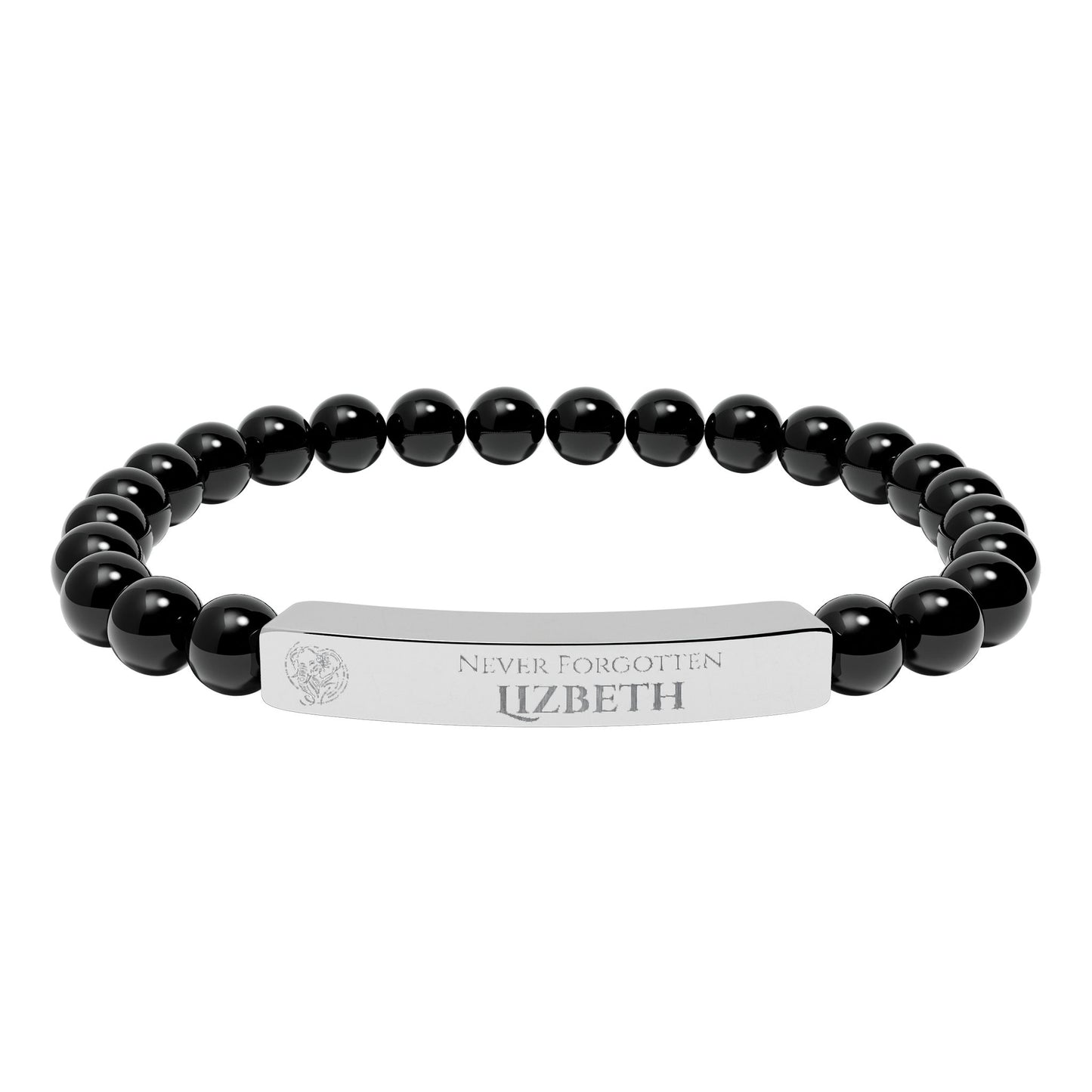 A natural stone bead engraved bracelet, personalized, with the text "Never Forgotten" with engraved elephant