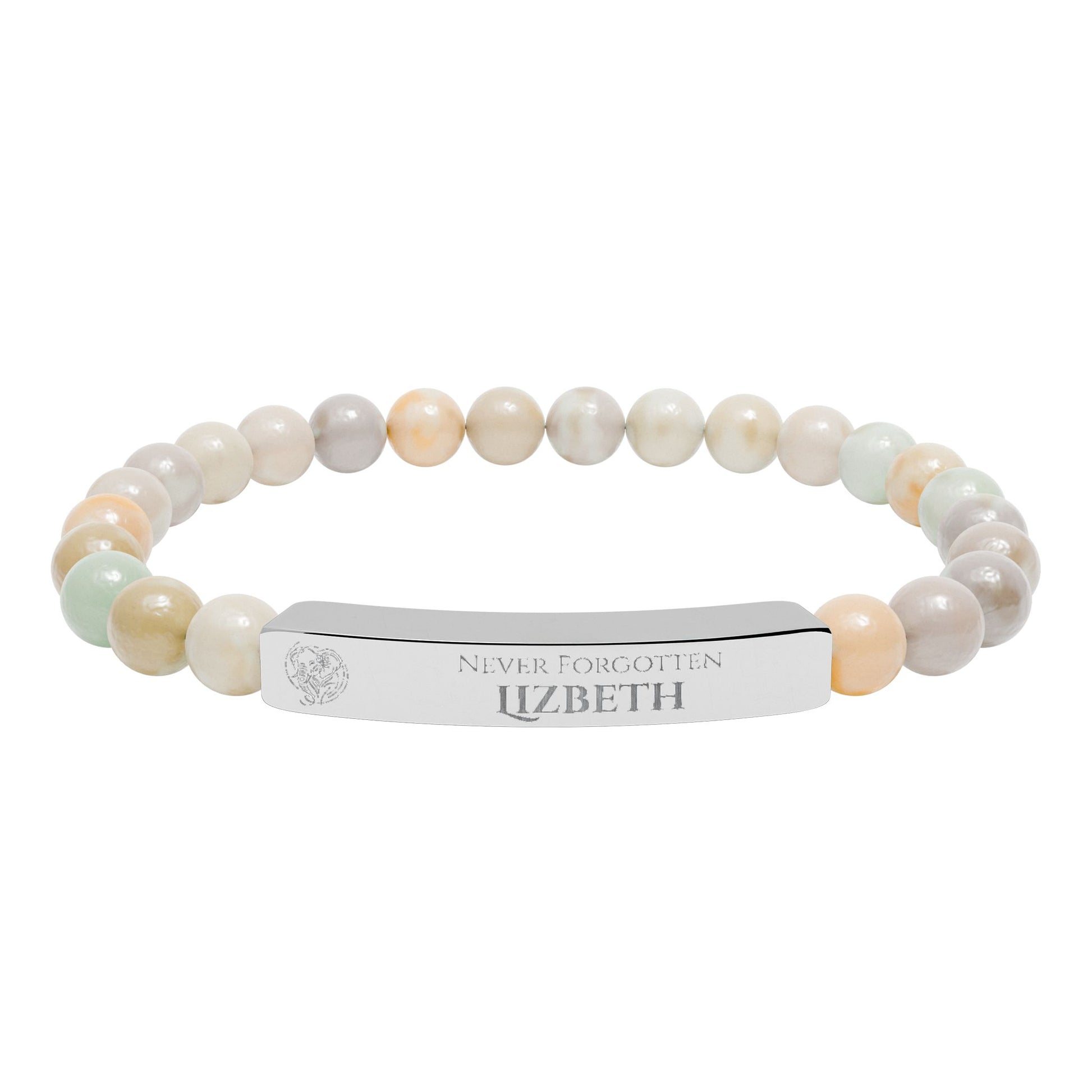A natural stone bead engraved bracelet, personalized, with the text "Never Forgotten" with engraved elephant