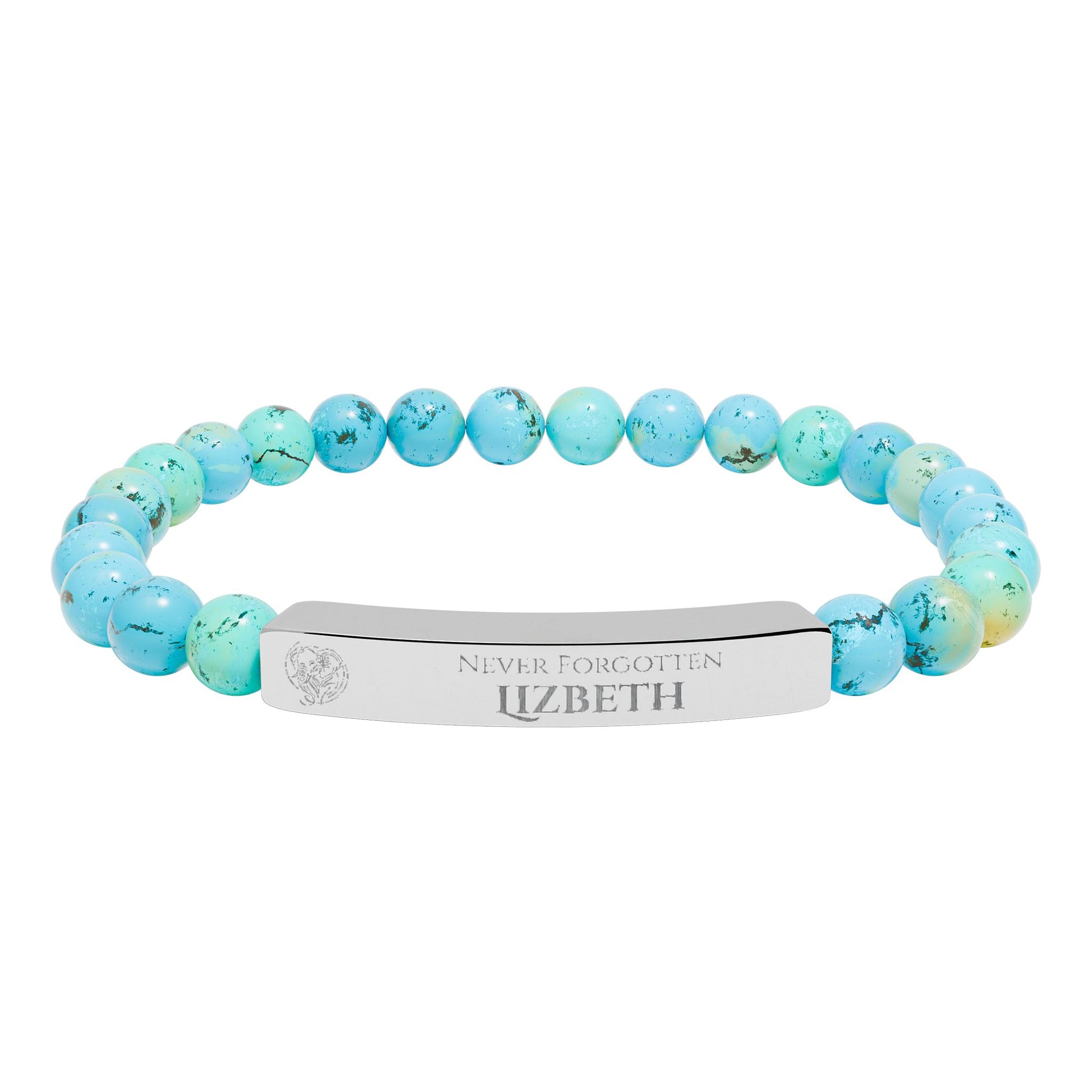 A natural stone bead engraved bracelet, personalized, with the text "Never Forgotten" with engraved elephant
