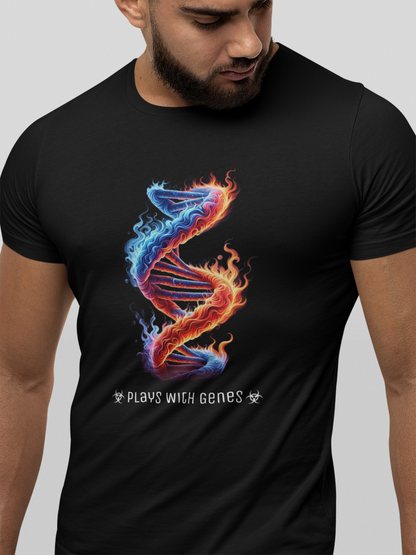 Plays With Genes – Funny Science Shirt | Cool DNA Flame Design | Geneticist Gift Tee | Nerdy Biotech Humor