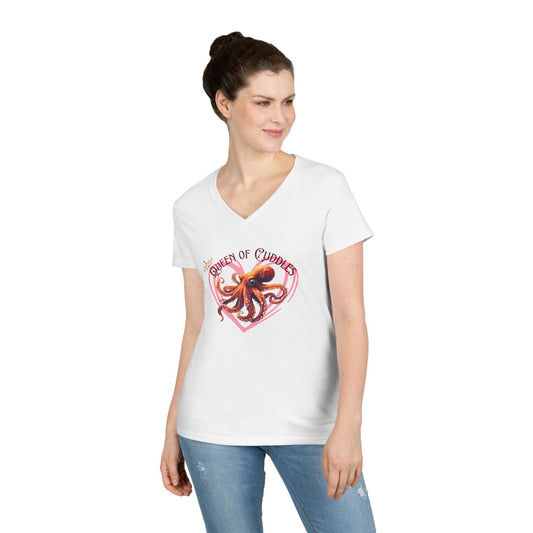 Queen of Cuddles – Funny Women's V-Neck T-Shirt | Octopus Graphic Tee | Cute Sea Creature Shirt | Deep V-Neck Humor Tee