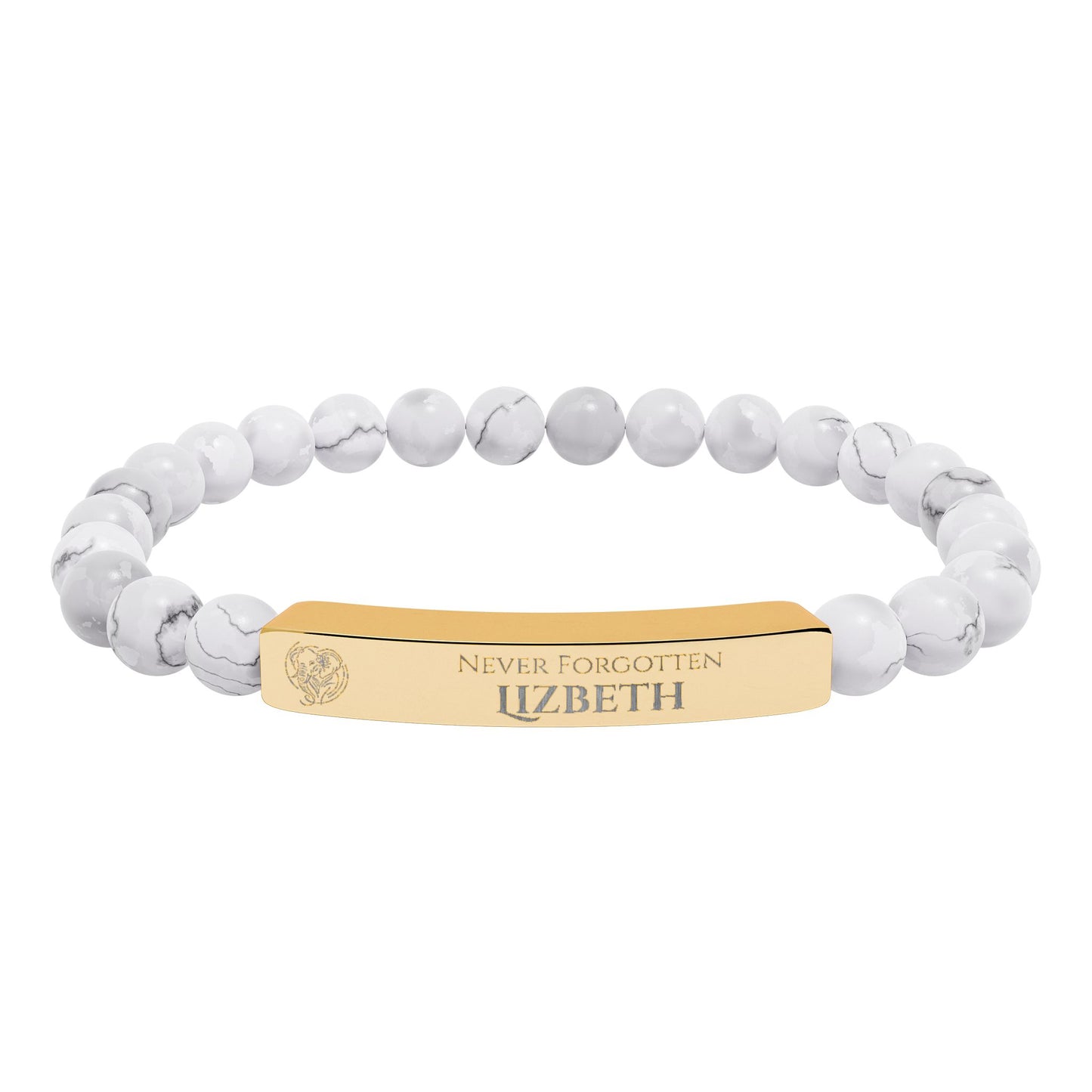 A natural stone bead engraved bracelet, personalized, with the text "Never Forgotten" with engraved elephant