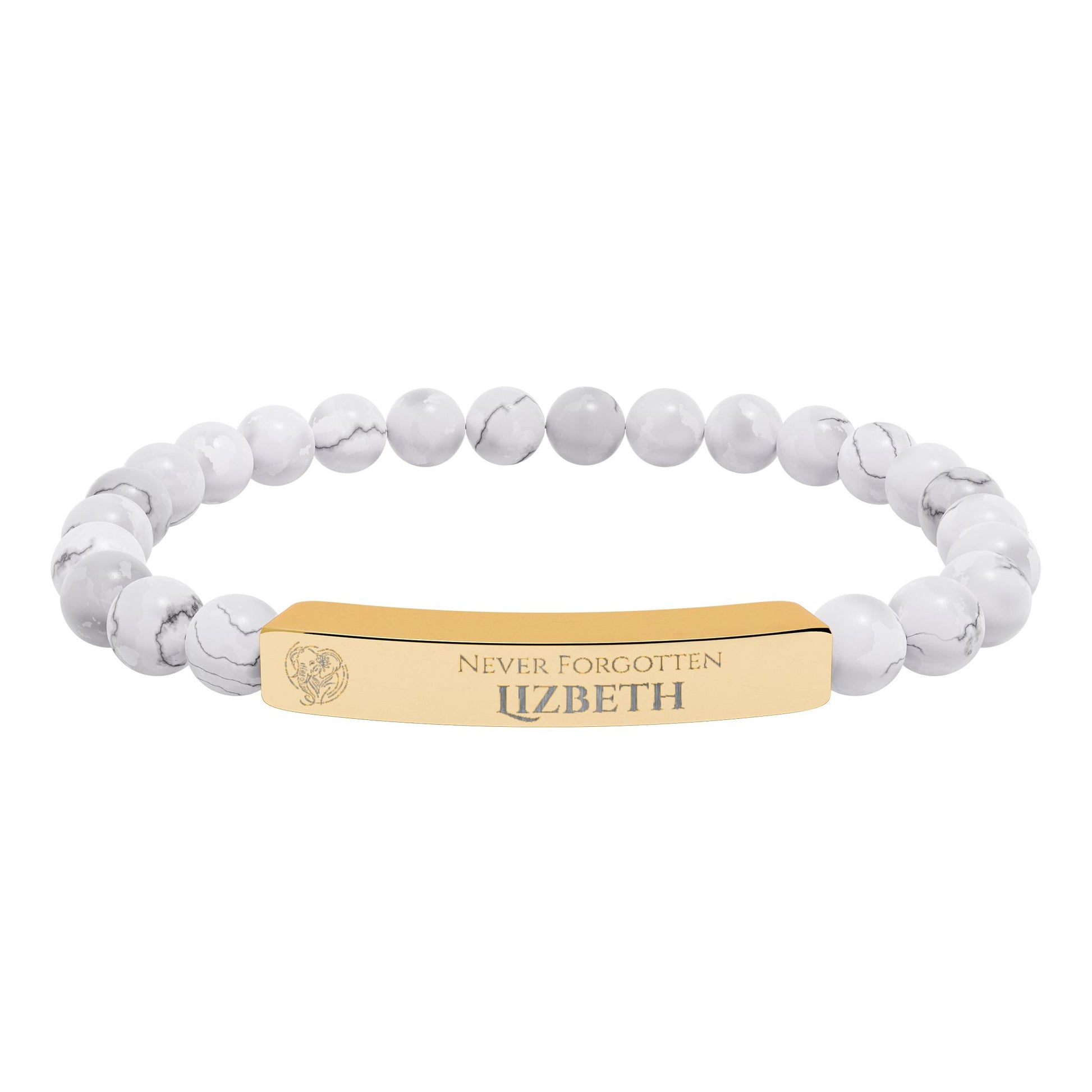 A natural stone bead engraved bracelet, personalized, with the text "Never Forgotten" with engraved elephant