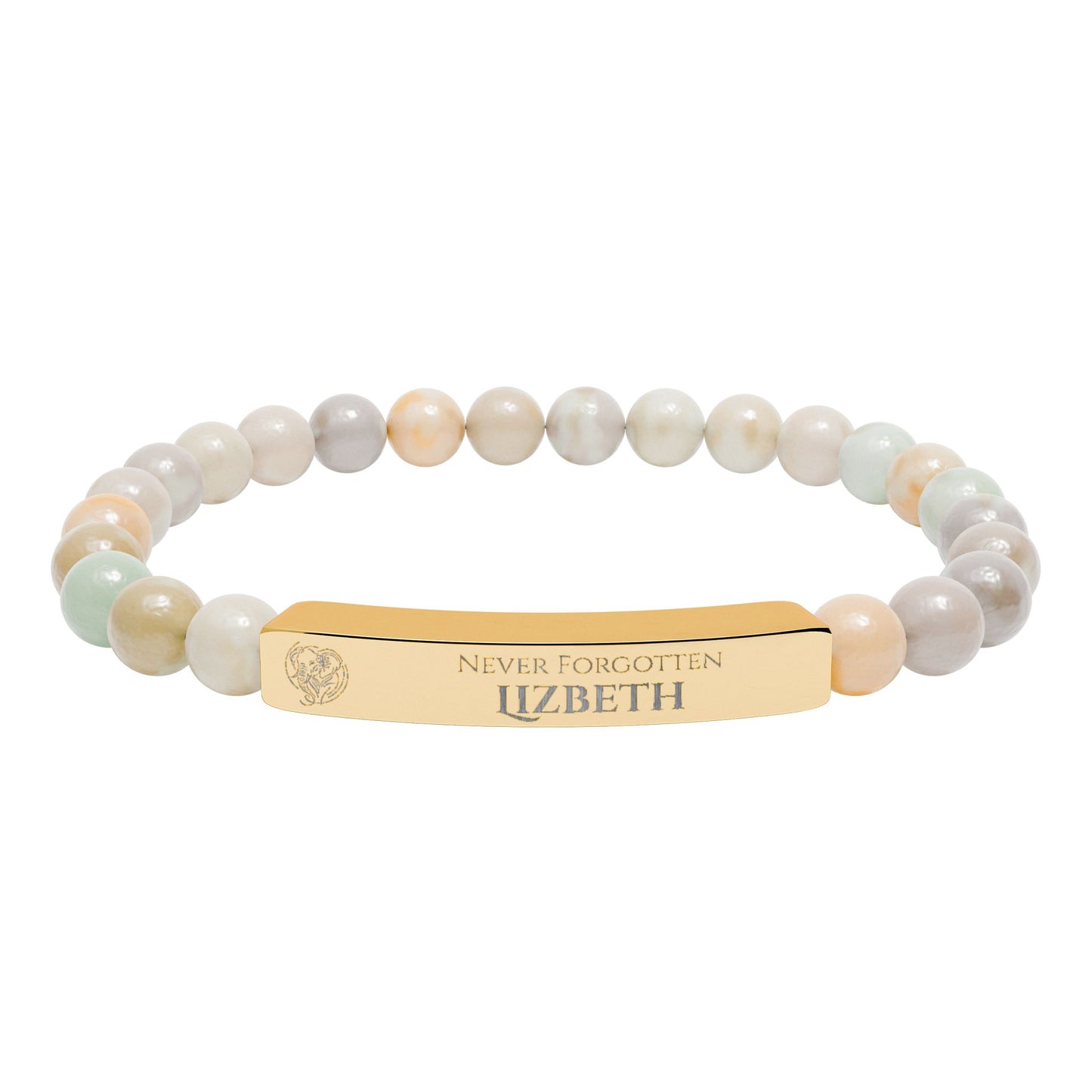 A natural stone bead engraved bracelet, personalized, with the text "Never Forgotten" with engraved elephant