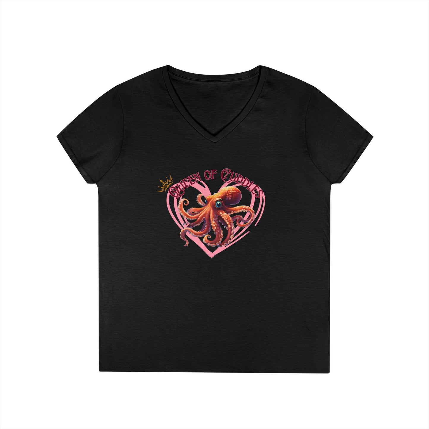 Queen of Cuddles – Funny Women's V-Neck T-Shirt | Octopus Graphic Tee | Cute Sea Creature Shirt | Deep V-Neck Humor Tee