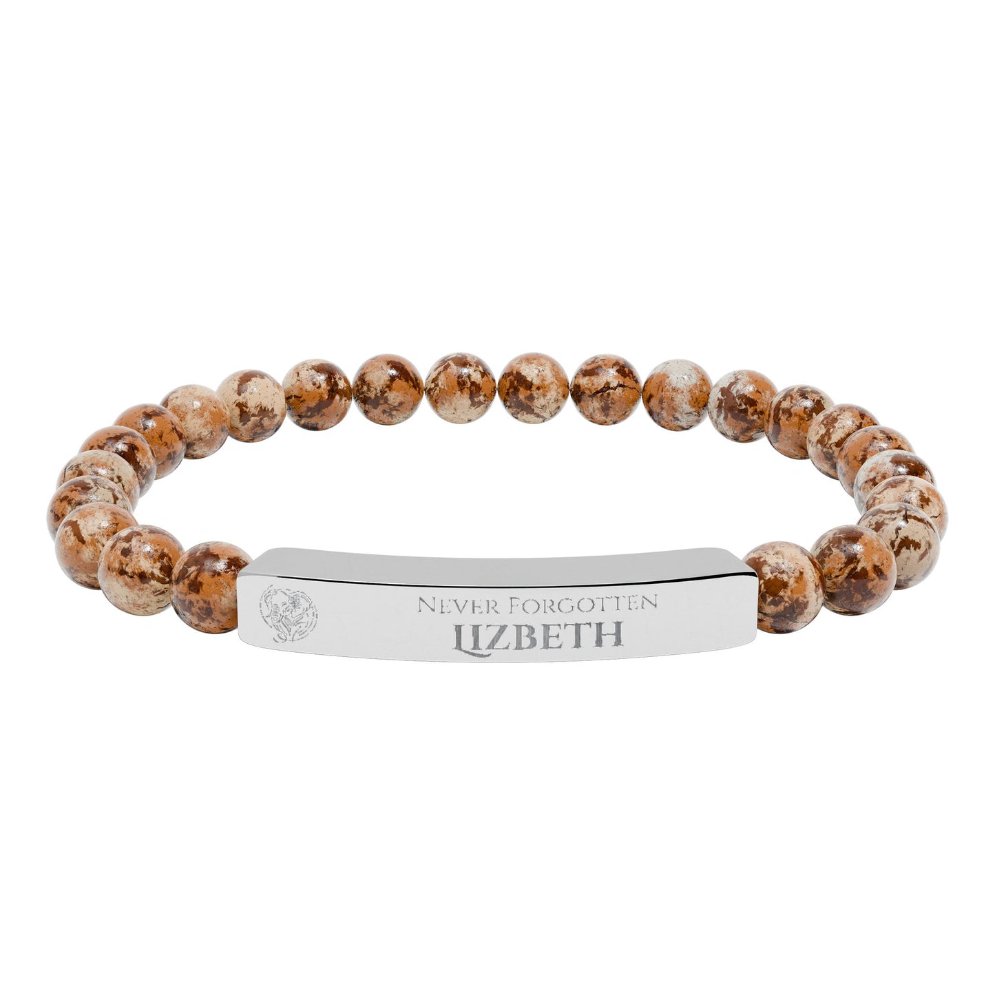 A natural stone bead engraved bracelet, personalized, with the text "Never Forgotten" with engraved elephant