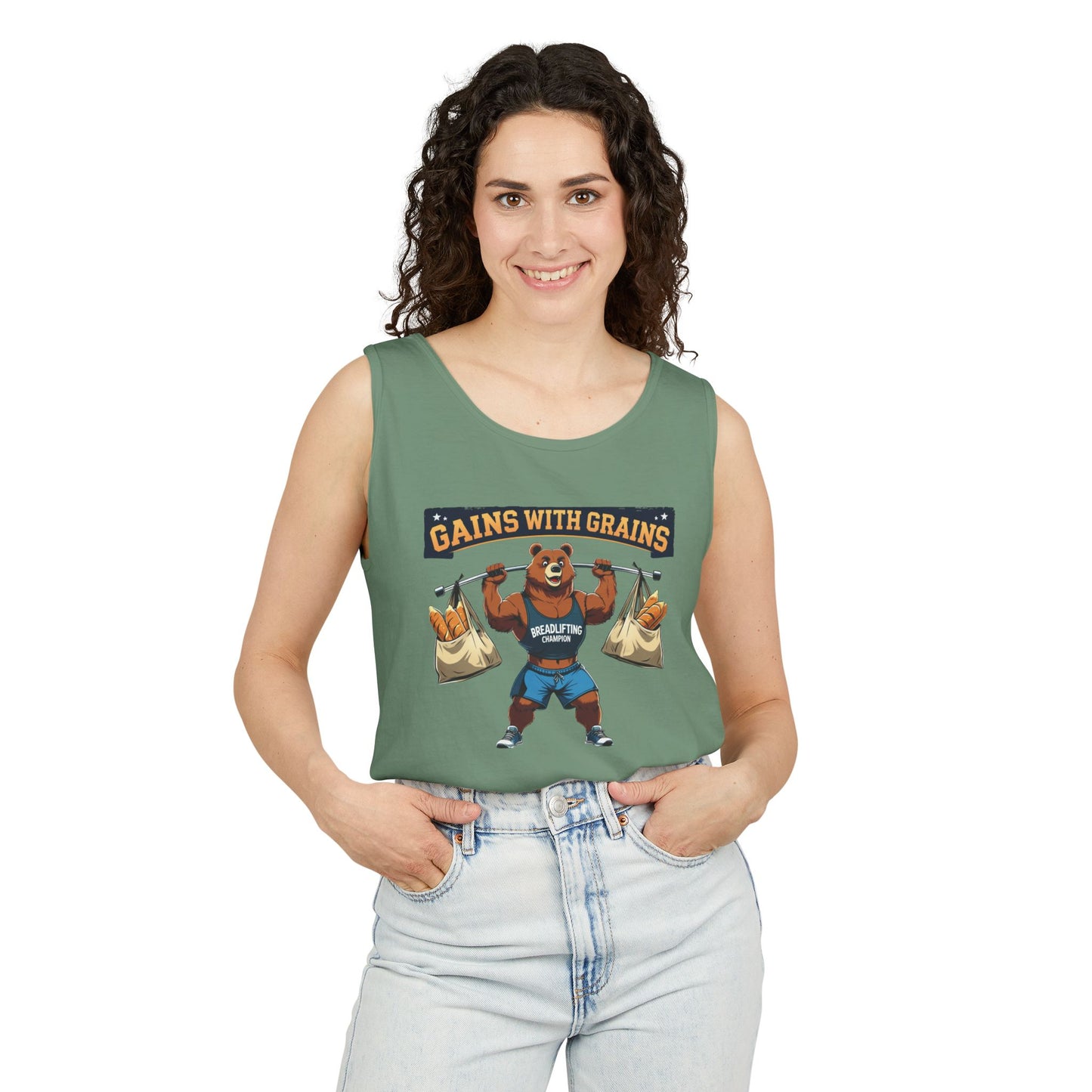 Breadlifting Champion – Funny Gym Tank Top | Gains With Grains Muscle Bear Shirt | Fitness & Carb Lover Workout Humor