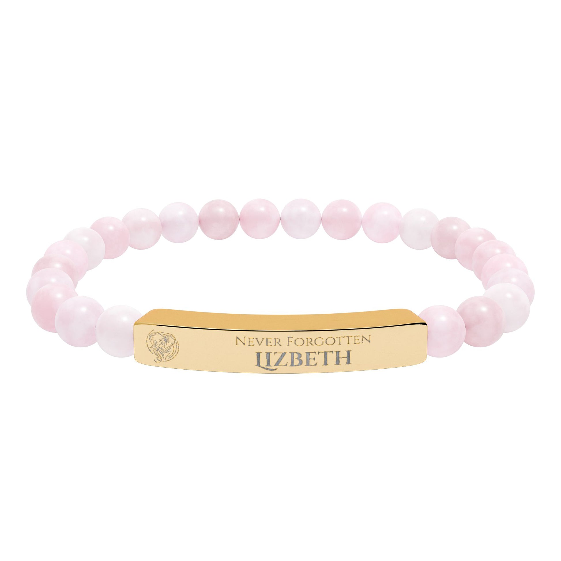 A natural stone bead engraved bracelet, personalized, with the text "Never Forgotten" with engraved elephant