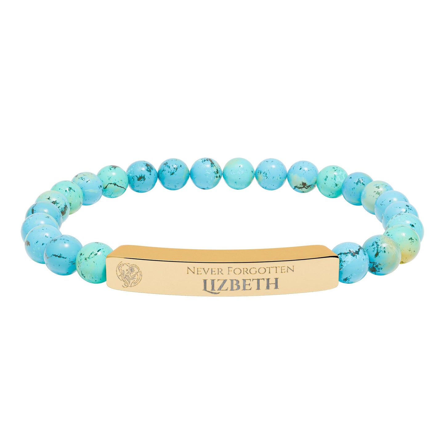 A natural stone bead engraved bracelet, personalized, with the text "Never Forgotten" with engraved elephant