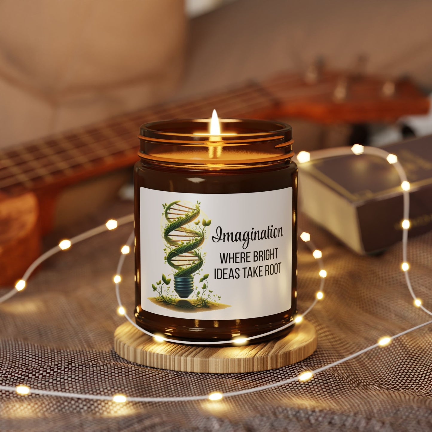 DNA lightbulb candle - leafy green DNA in a glowing lightbulb - text "Imagination – Where Bright Ideas Take Root" -soy candle