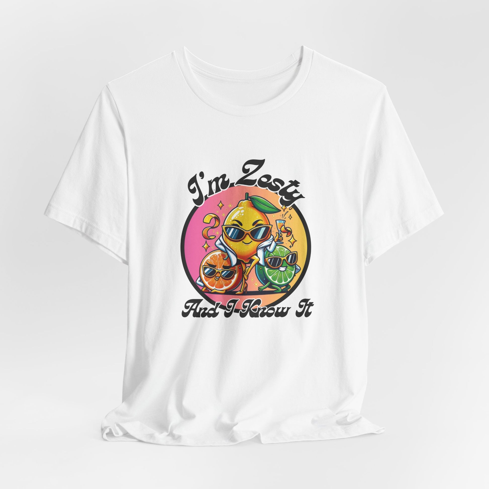a vibrant circle graphic citrus t-shirt with lemon, lime, and orange characters and the text "I’m Zesty and I Know It"