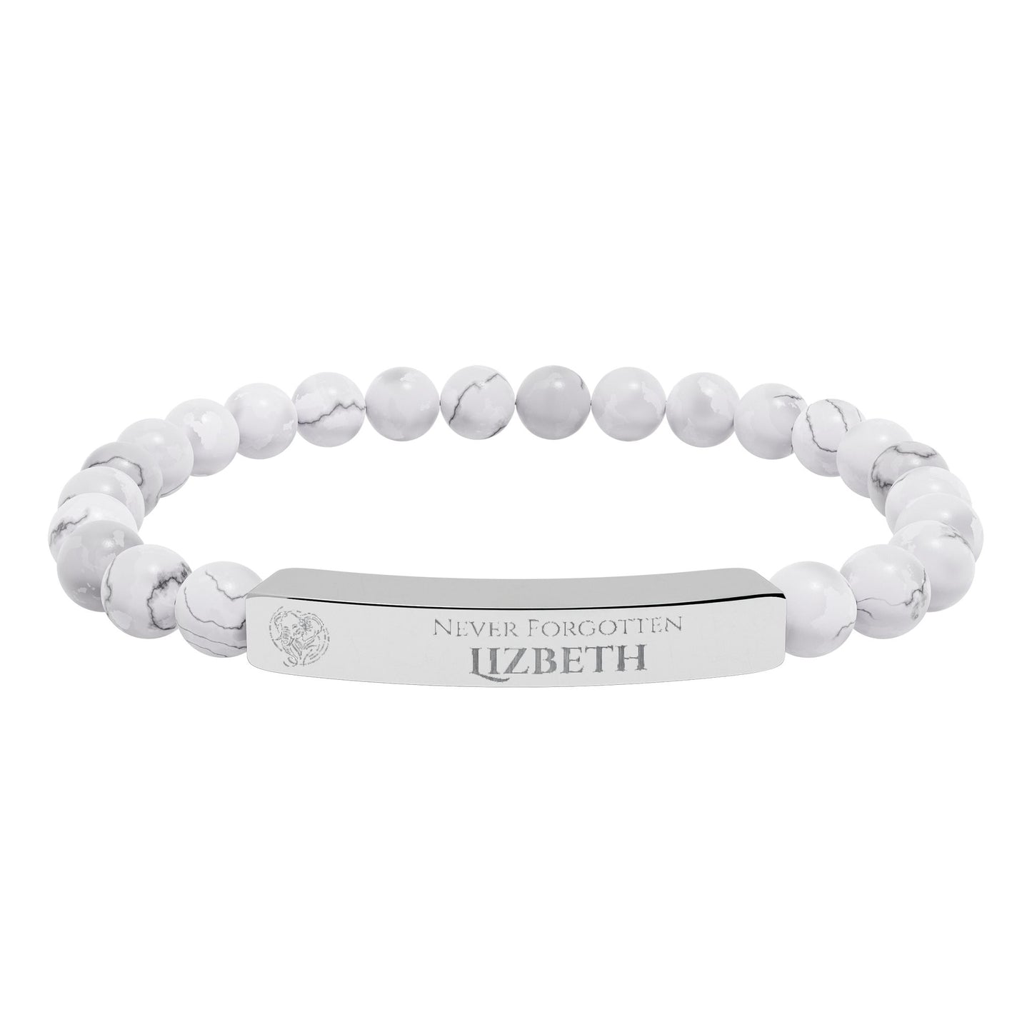 A natural stone bead engraved bracelet, personalized, with the text "Never Forgotten" with engraved elephant