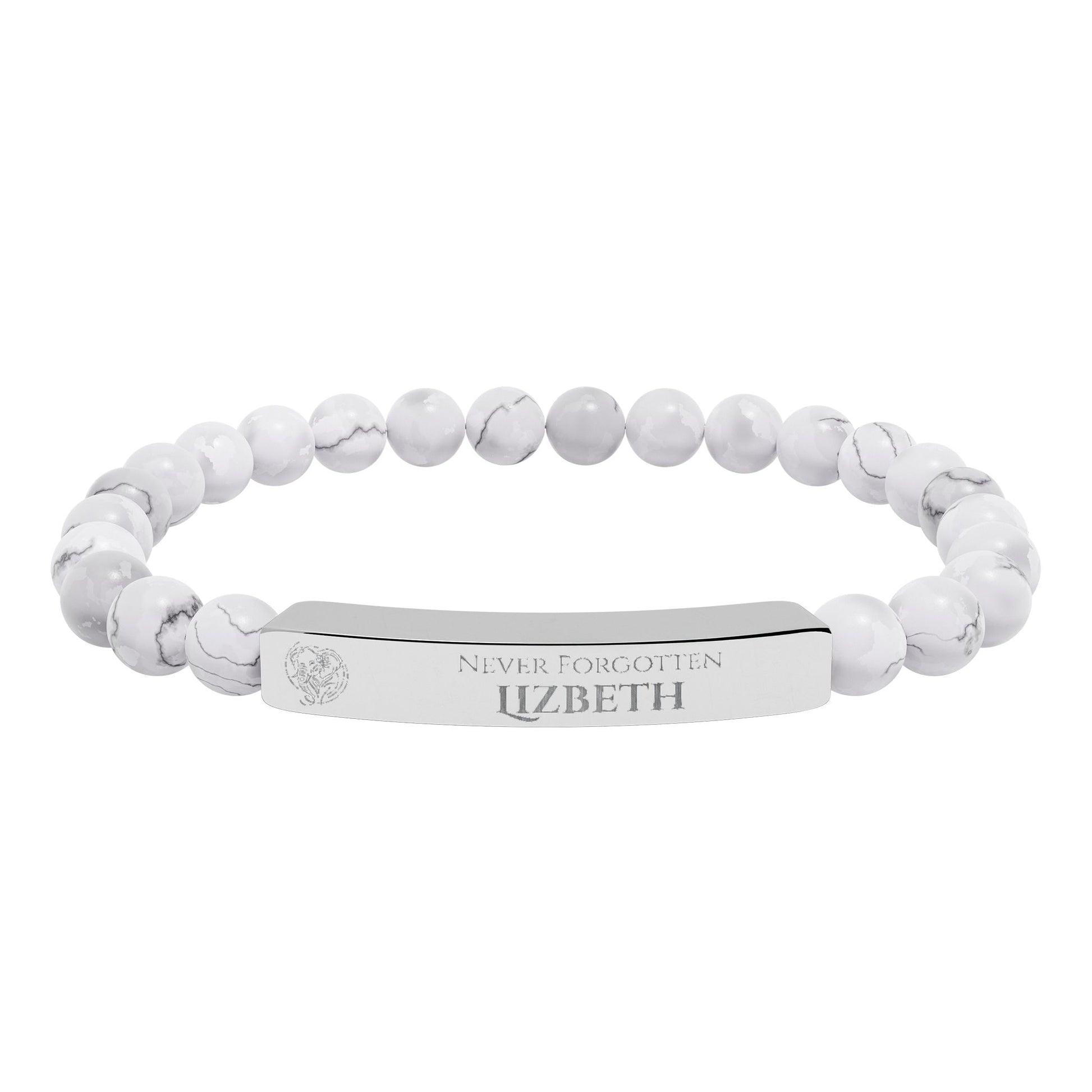 A natural stone bead engraved bracelet, personalized, with the text "Never Forgotten" with engraved elephant