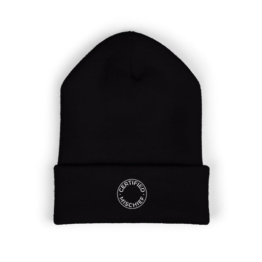 A cuffed beanie embroidered with the circular text "CERTIFIED MISCHIEF" on a cozy winter hat - WishBug
