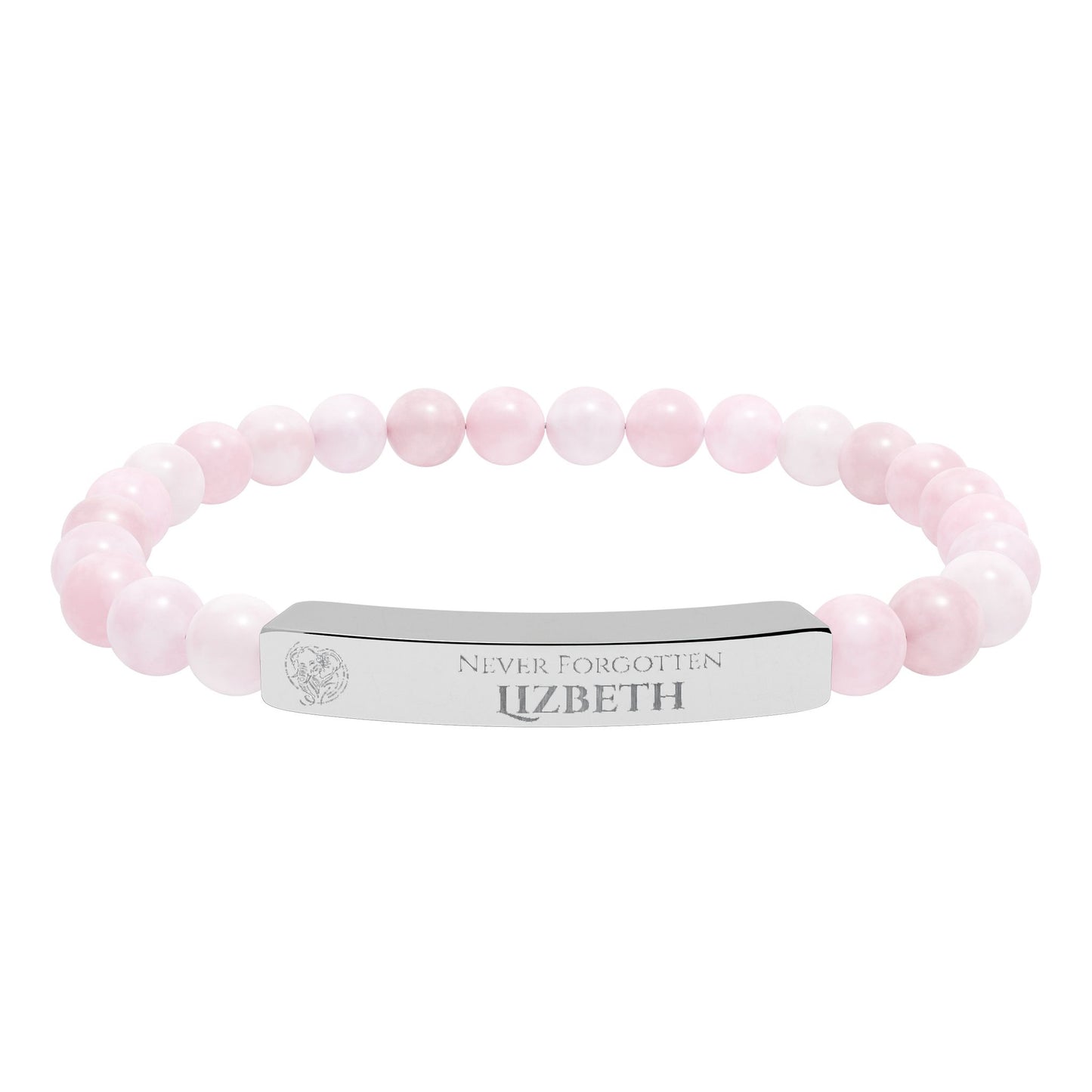 A natural stone bead engraved bracelet, personalized, with the text "Never Forgotten" with engraved elephant