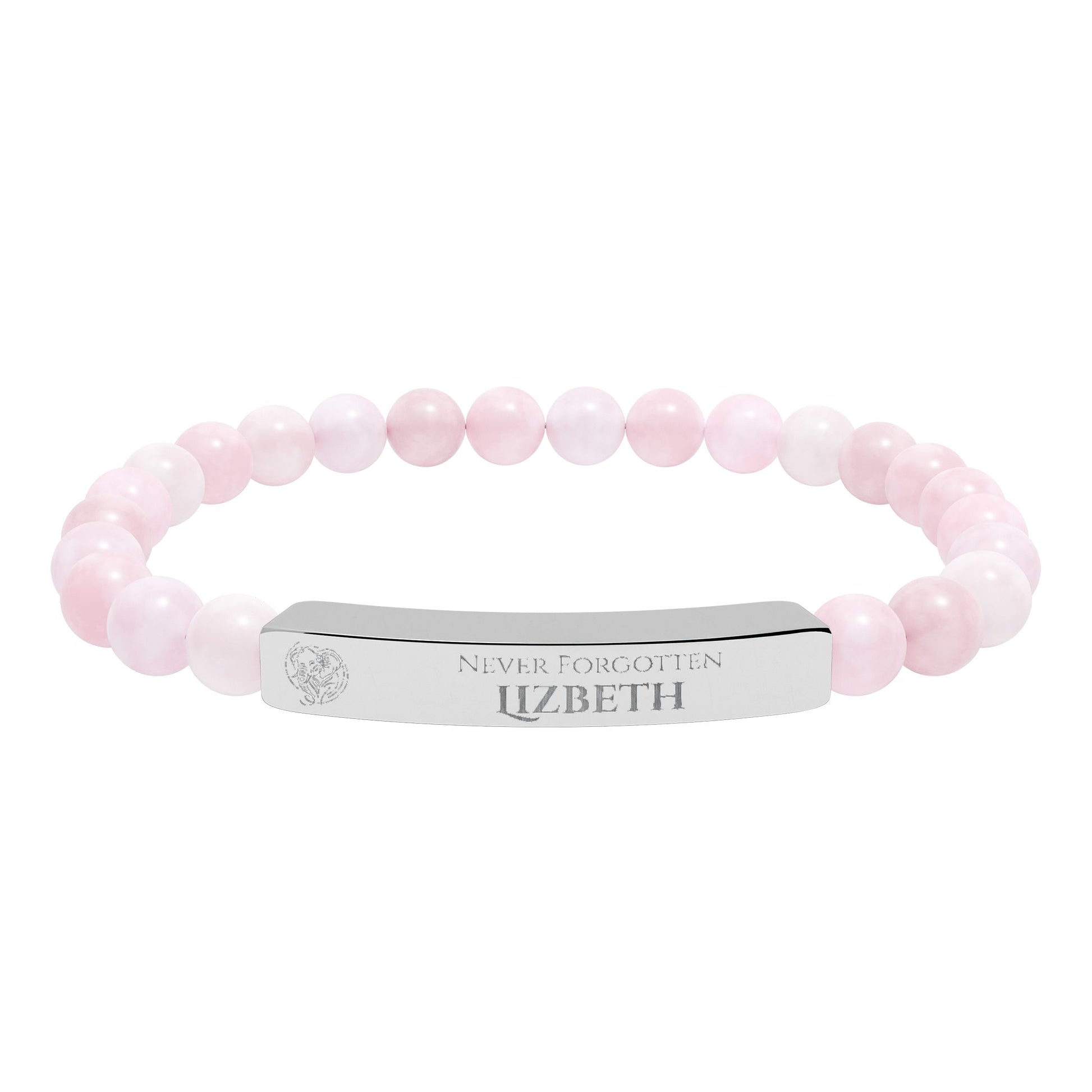 A natural stone bead engraved bracelet, personalized, with the text "Never Forgotten" with engraved elephant