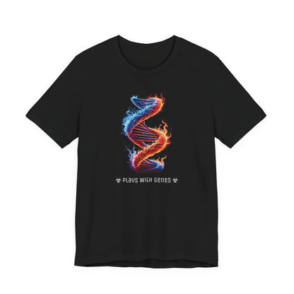 Plays With Genes – Funny Science Shirt | Cool DNA Flame Design | Geneticist Gift Tee | Nerdy Biotech Humor