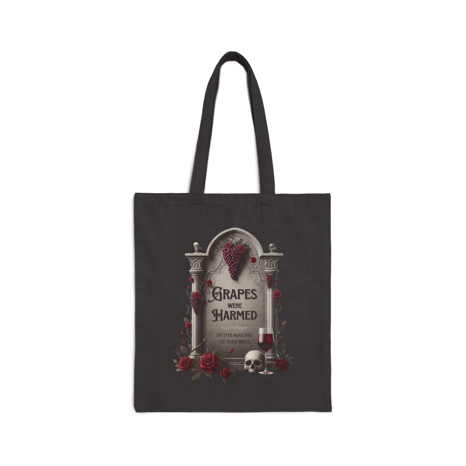 tote bag with gothic tombstone with grapes, roses, skull, wine, and text "GRAPES WERE HARMED in the making of this wine"