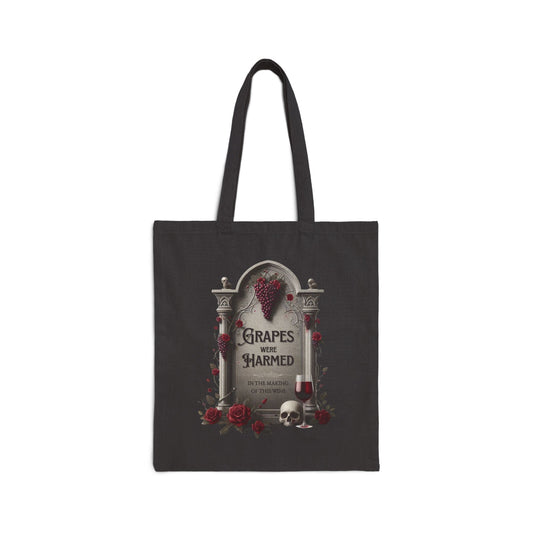tote bag with gothic tombstone with grapes, roses, skull, wine, and text "GRAPES WERE HARMED in the making of this wine"