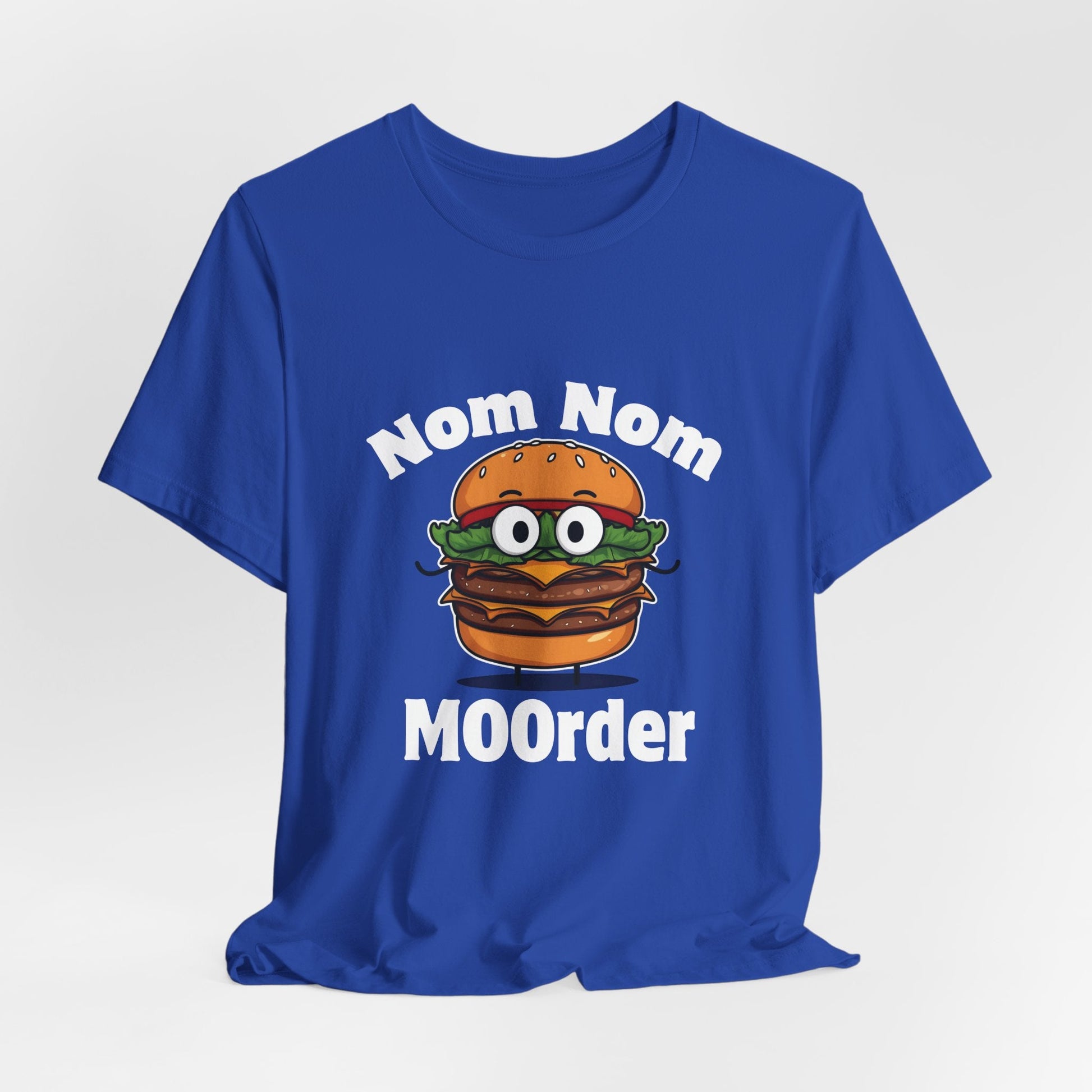 Nom Nom MOOrder – Food Humor T-Shirt | Burger Graphic Tee | Grilling Humor Shirt | Backyard BBQ Style Tee - WishBug