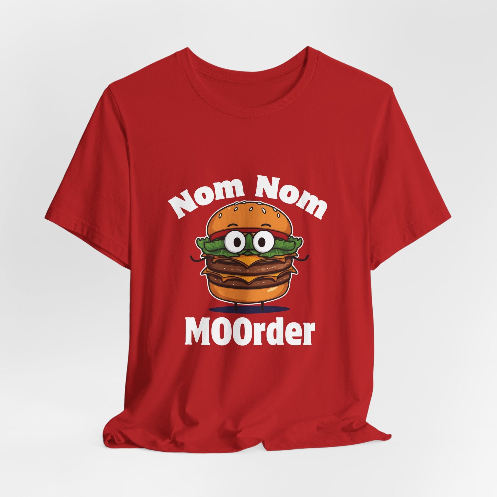 Nom Nom MOOrder – Food Humor T-Shirt | Burger Graphic Tee | Grilling Humor Shirt | Backyard BBQ Style Tee - WishBug