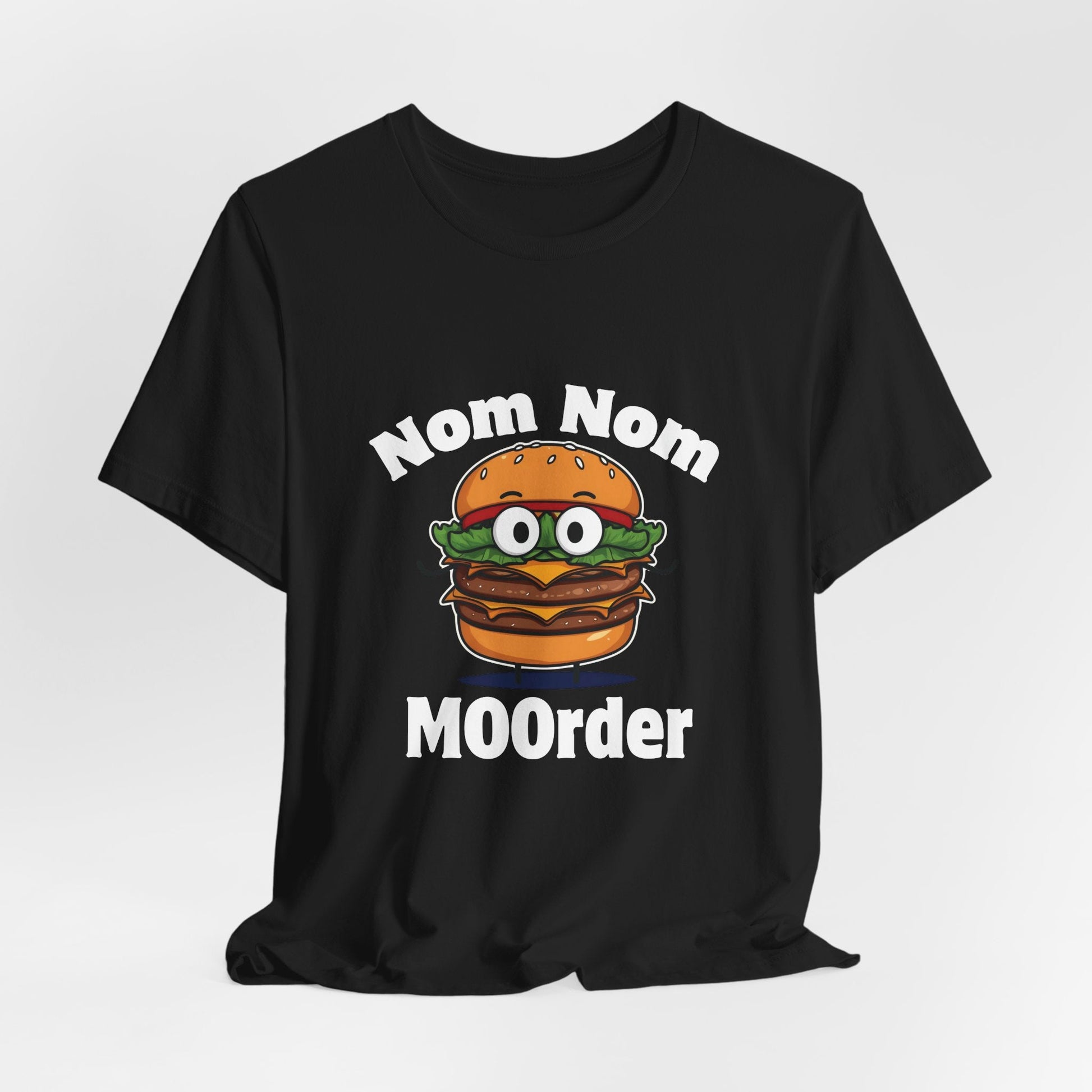 Nom Nom MOOrder – Food Humor T-Shirt | Burger Graphic Tee | Grilling Humor Shirt | Backyard BBQ Style Tee - WishBug