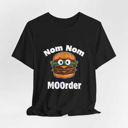 Nom Nom MOOrder – Food Humor T-Shirt | Burger Graphic Tee | Grilling Humor Shirt | Backyard BBQ Style Tee - WishBug