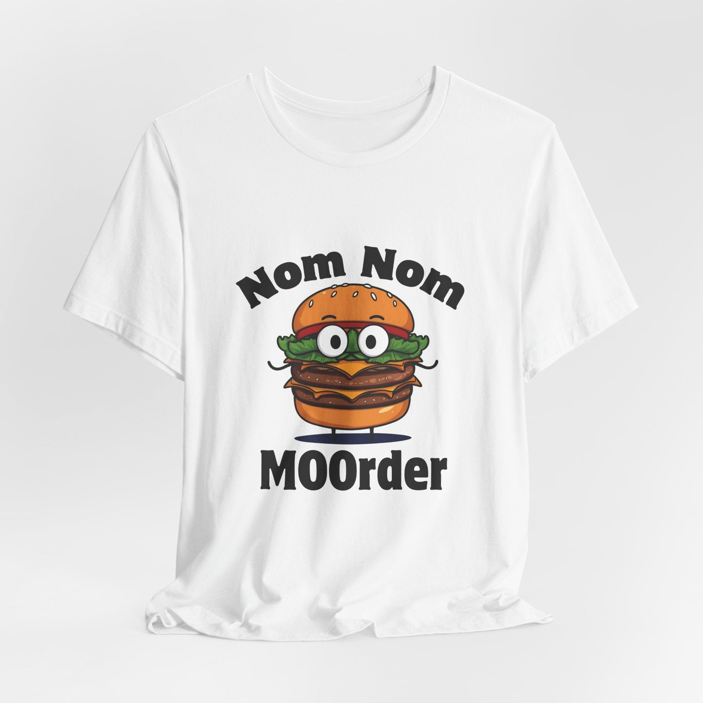Nom Nom MOOrder – Food Humor T-Shirt | Burger Graphic Tee | Grilling Humor Shirt | Backyard BBQ Style Tee - WishBug