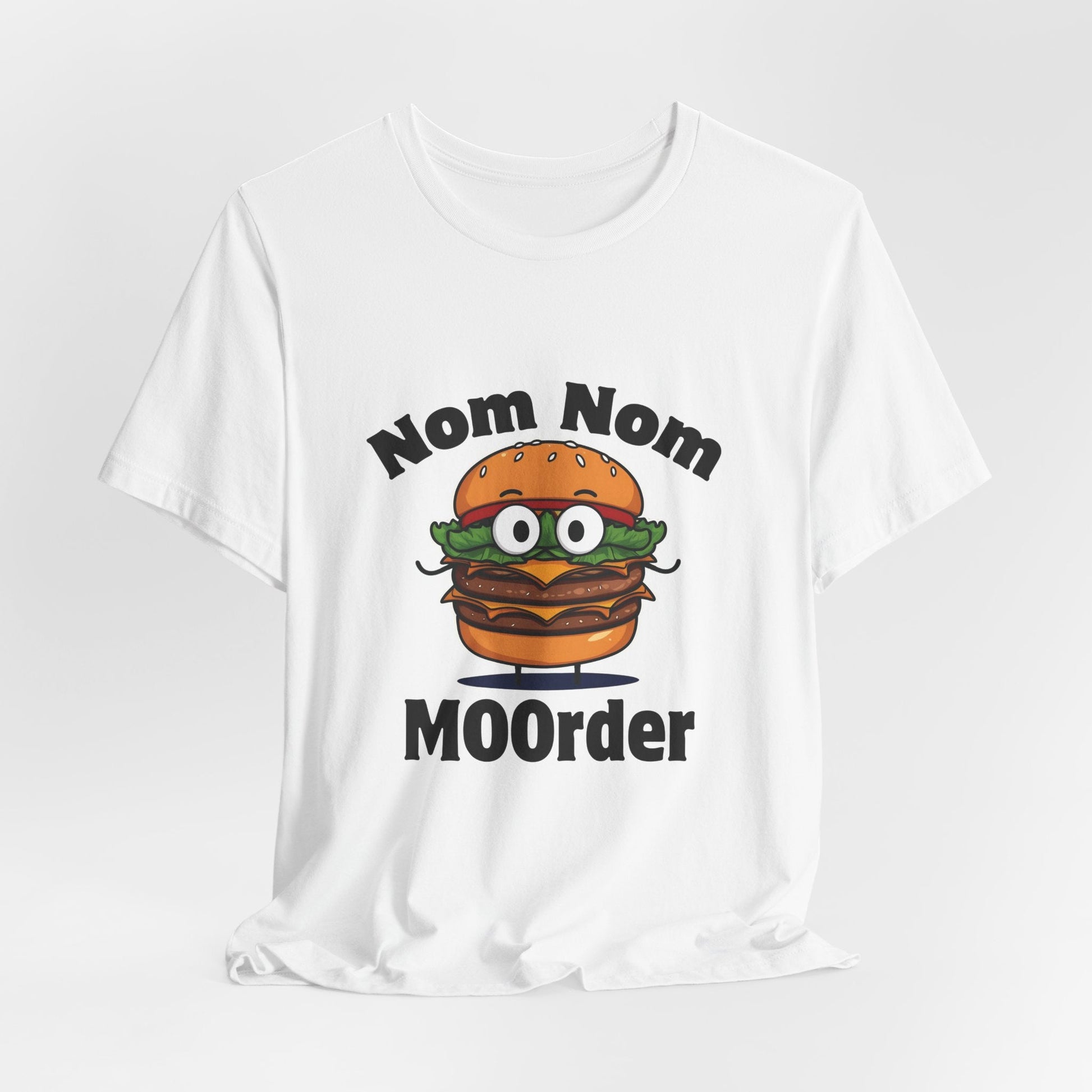 Nom Nom MOOrder – Food Humor T-Shirt | Burger Graphic Tee | Grilling Humor Shirt | Backyard BBQ Style Tee - WishBug